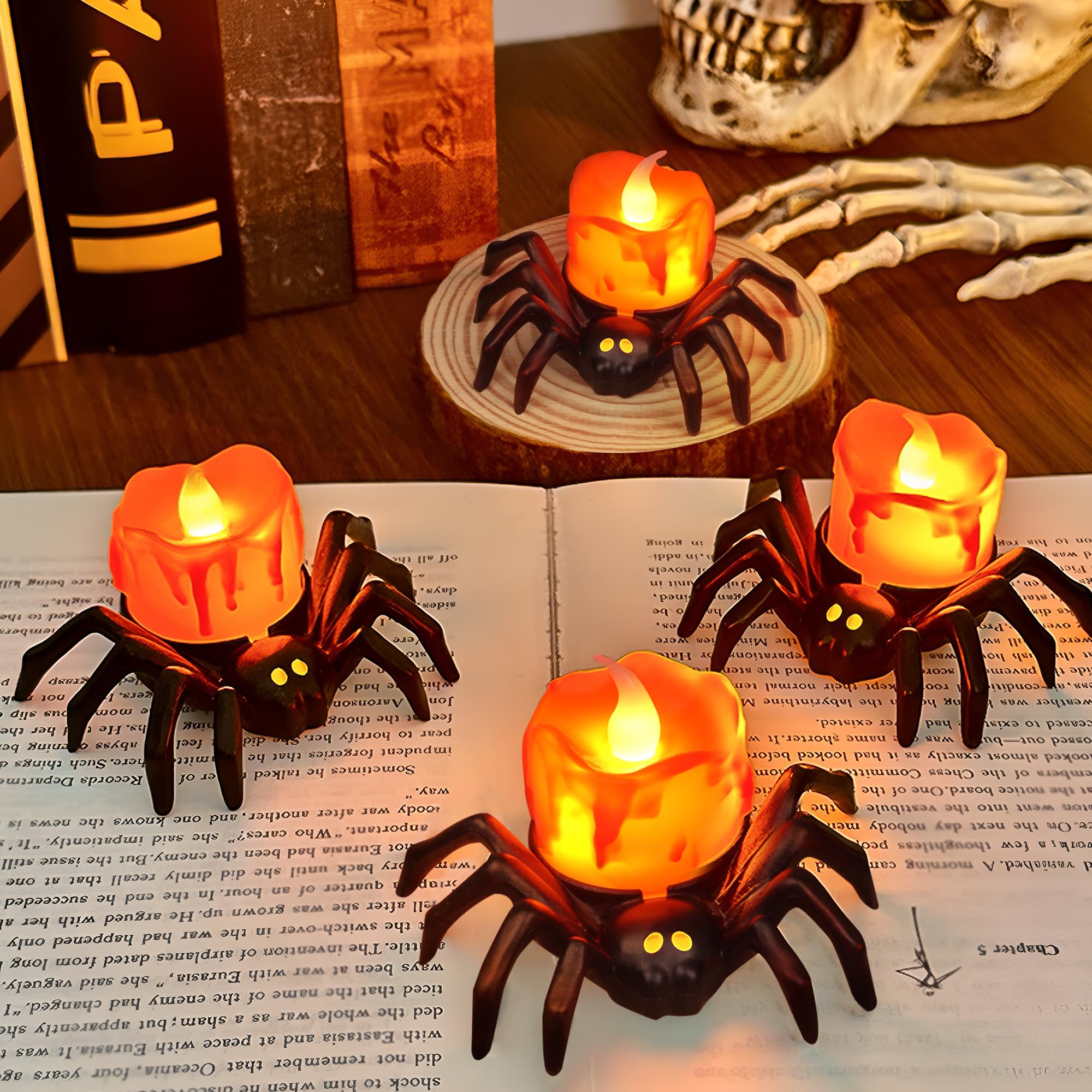 6 Pack Halloween Flameless Candles Battery Operated LED Spider Tealight Candles for Halloween Home Decorations, Light Up Hallowe