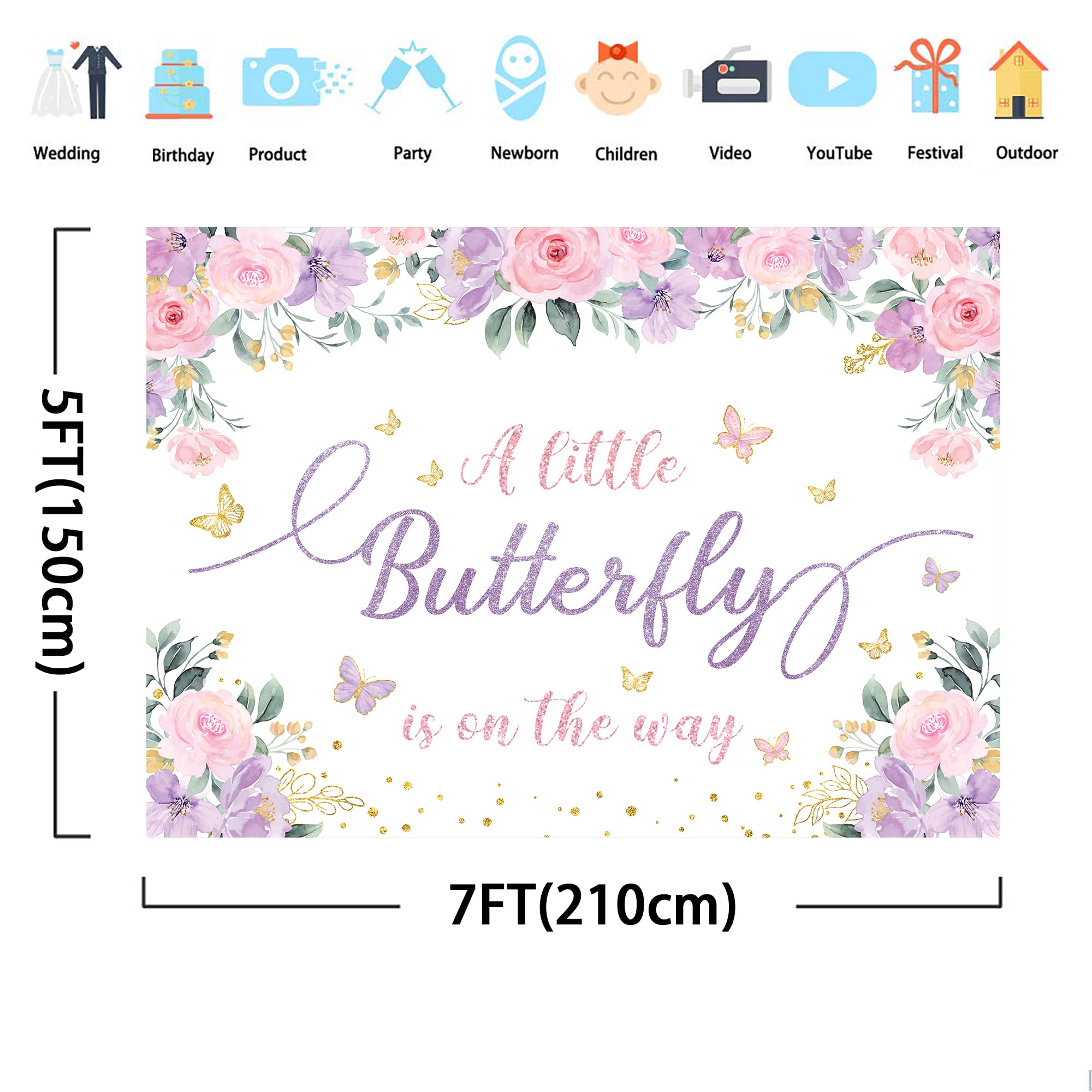Svbright Butterfly Baby Shower Decorations Backdrop For Girl 7Wx5H A Little Butterfly Is On The Way Pink Purple Flowers Girls Pr