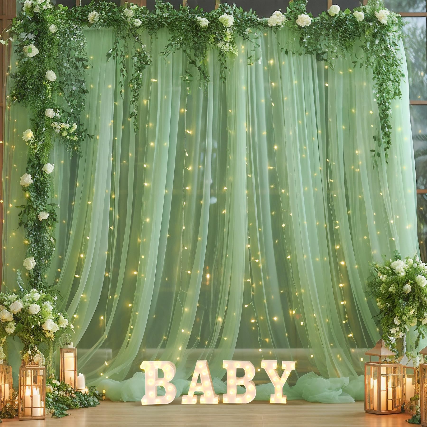 10  10Ft Green Tulle Backdrop Curtain With Lights String For Parties, Sheer Curtain Backdrop Drapes For Wedding Party Home Decor