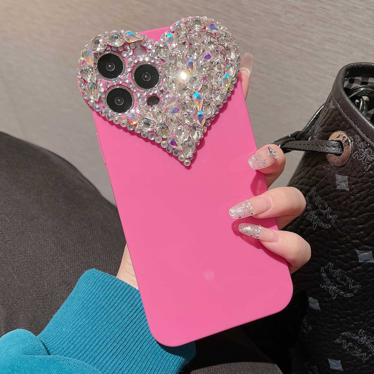 Enytdmo Cute Iphone 13 Pro Case 3D Glitter Sparkle Bling Case For Women Girls, Pretty Rhinestone Diamond Cute Aesthetic Love Hea
