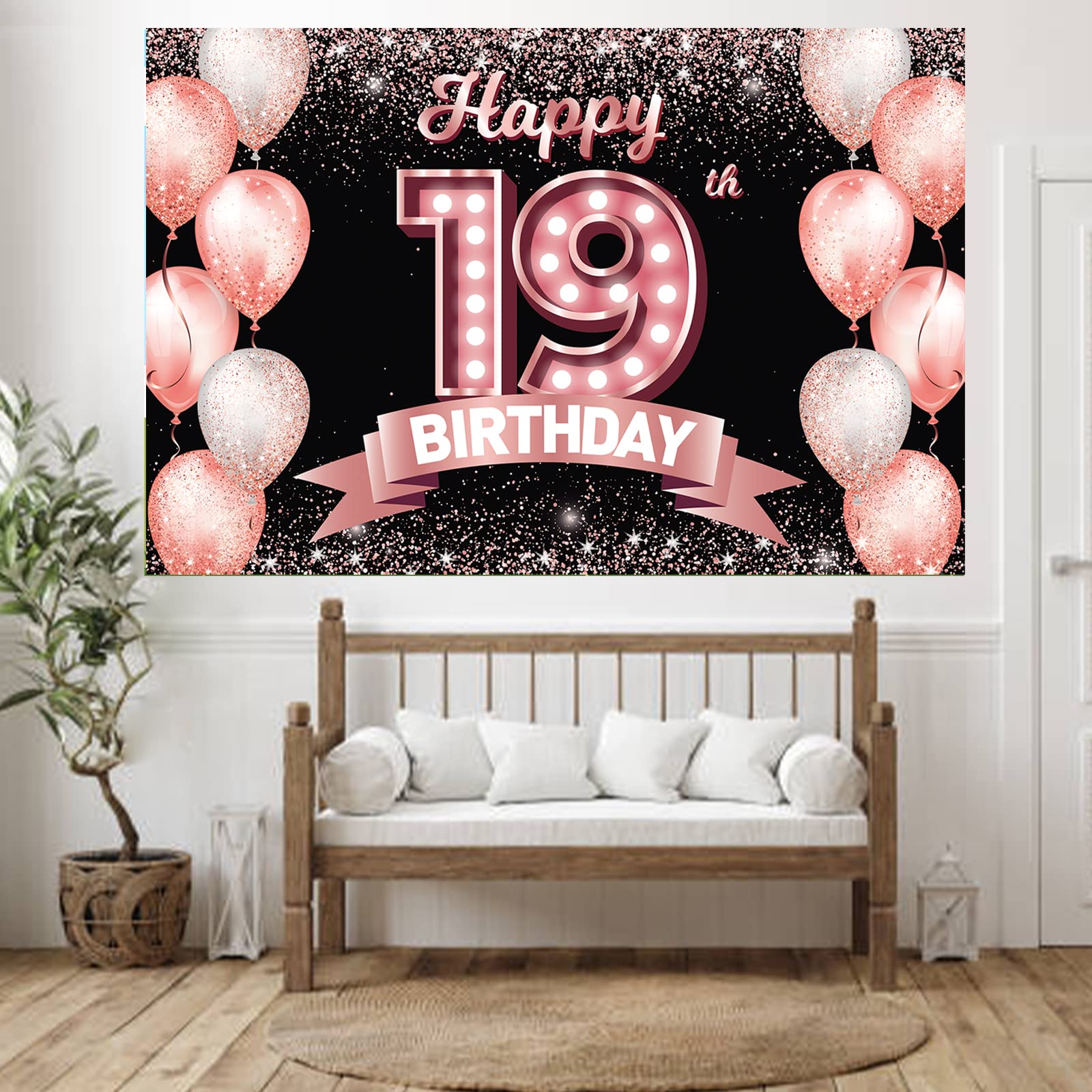 Happy 19Th Birthday Rose Gold Banner Backdrop Cheers To 19 Years Old Confetti Balloons Theme Decor Decorations For Girls Women 1