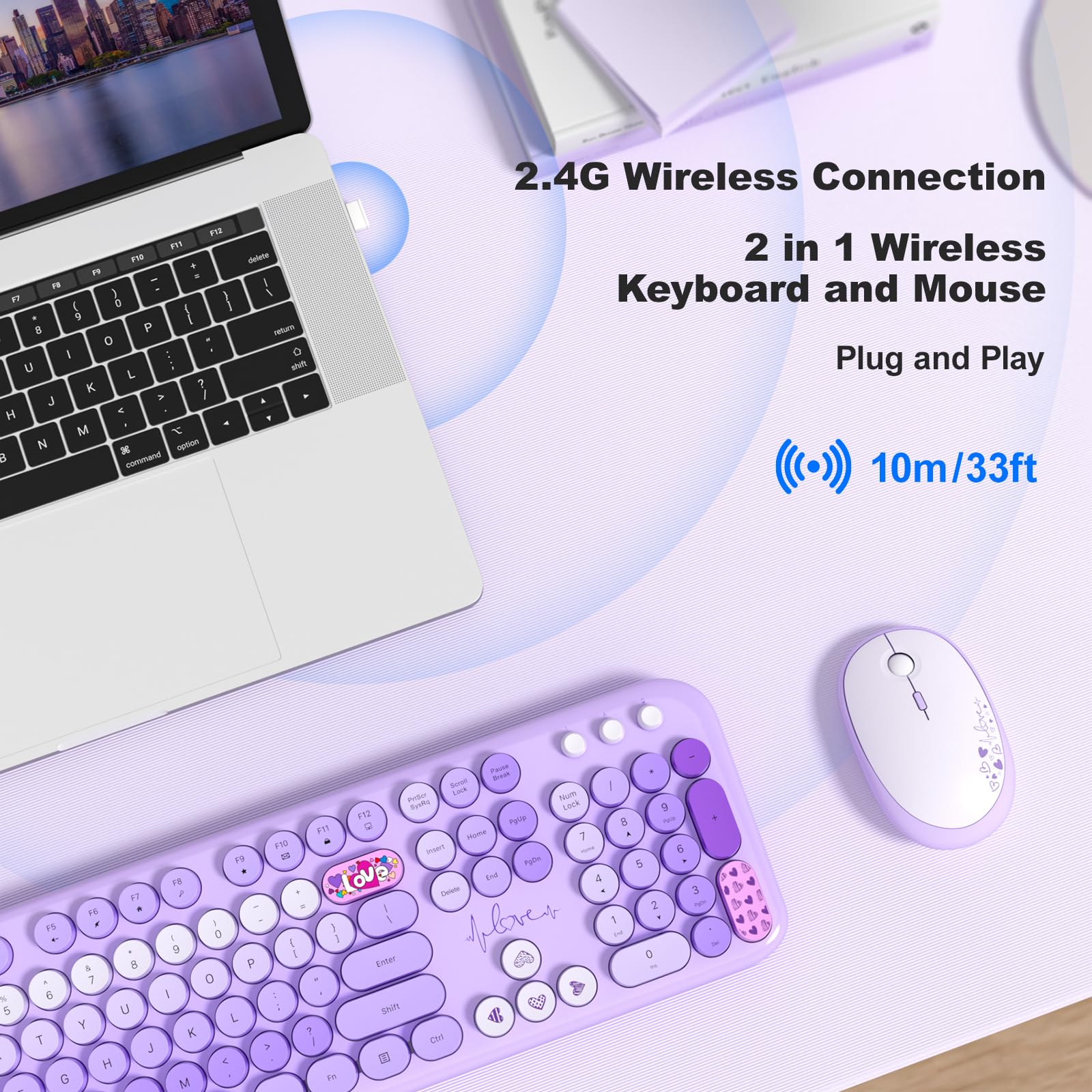 Mofii Wireless Keyboard And Mouse Combo, Cute Keyboard Full Size And Wireless Mouse, 2.4Ghz Retro Typewriter Keyboard Wireless M