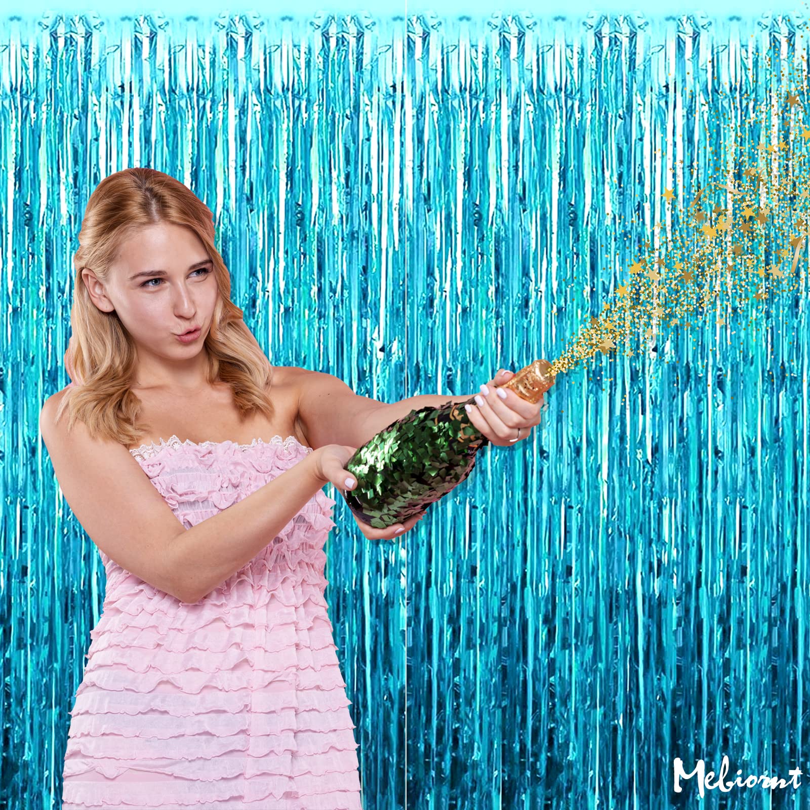 4 Pack Lake Blue Fringe Curtain Backdrop, 3.2Ft X 6.6Ft Metallic Tinsel Foil Fringe Streamers Curtains Background For Photo Boot