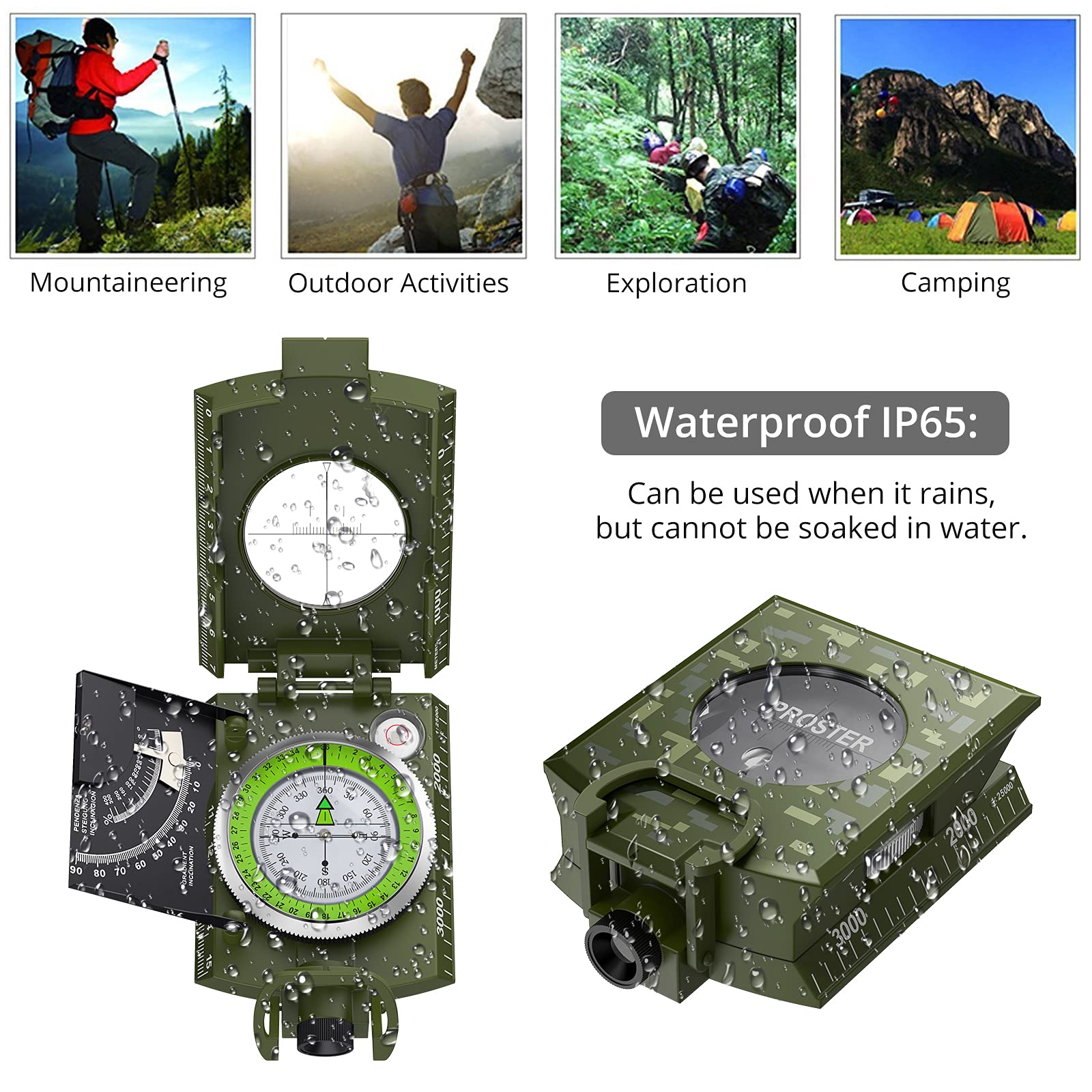 Proster Ip65 Hiking Compass Waterproof Compass - Metal Compass Camping Compass With Sighting Clinometer With Carry Bag For Campi