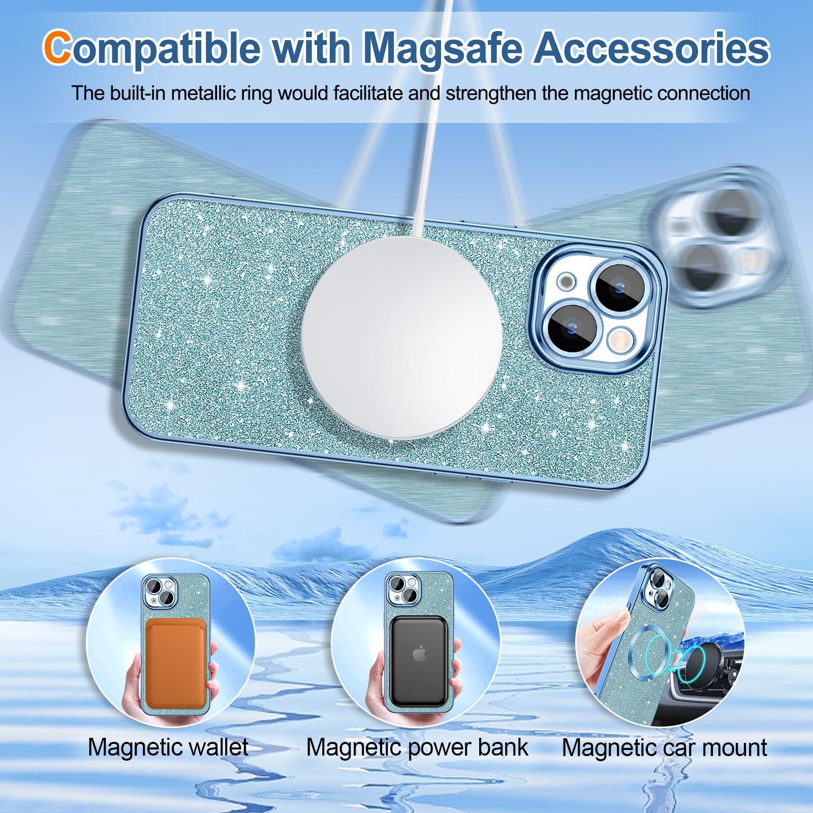 Hython For Iphone 15 Plus Case Glitter, Clear Magnetic Phone Case With Camera Lens Protector [Compatible With Magsafe] Bling Spa