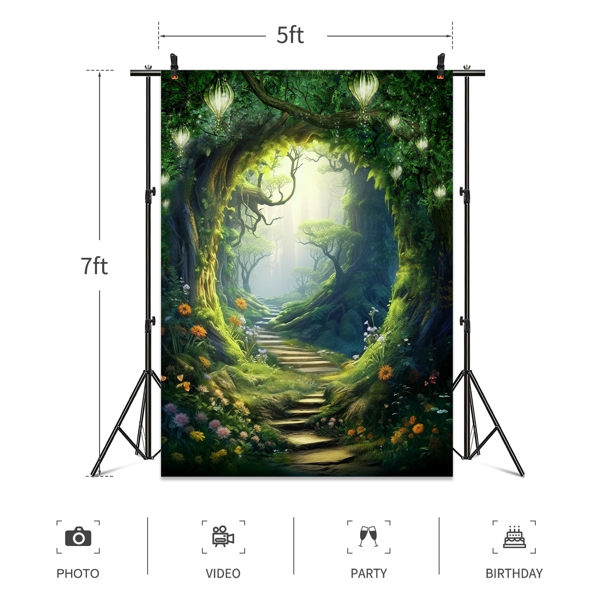 Omifly Enchanted Woodland 5W*7H Backdrop For Photography Fairy Tale Wonderland Greenery Garden Green Tree Spring Background Part