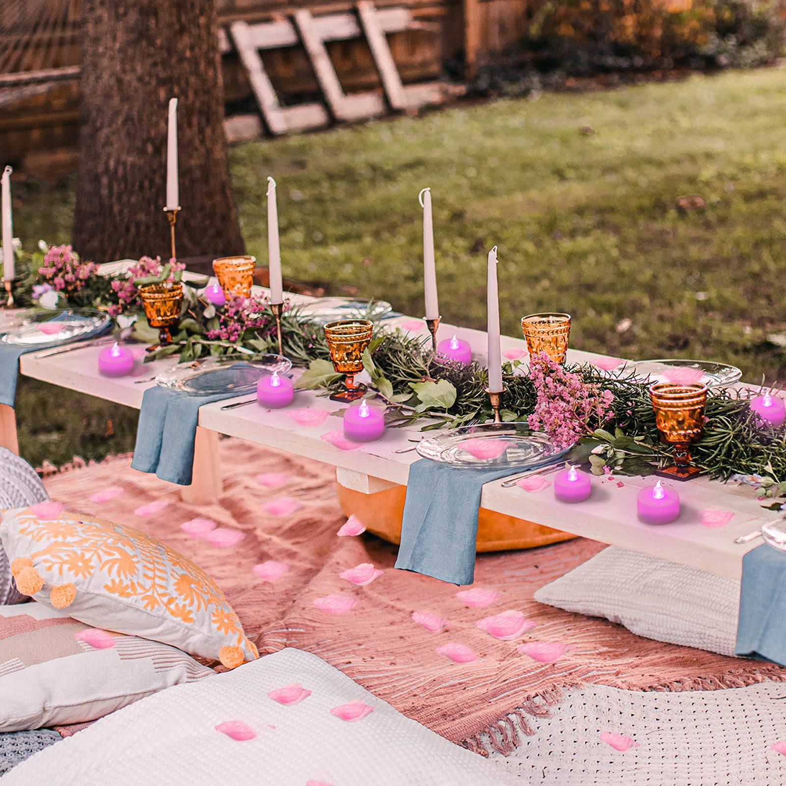 Lanker 500 Pcs Pink Artificial Rose Petals With 24 Pcs Steady Pink Flameless Tea Lights Candles For Valentine'S Day And Romantic
