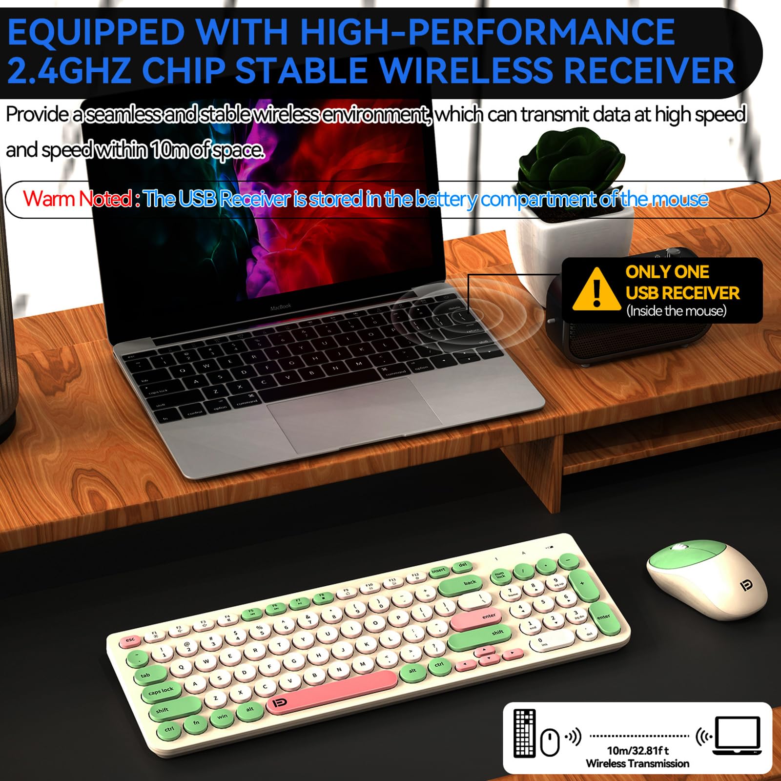 Fd Wireless Keyboards And Mouse Combo   2.4Ghz Usb Cordless, Cute Wireless Keyboard Round Keys, Quiet And Slim Set For Laptop, C