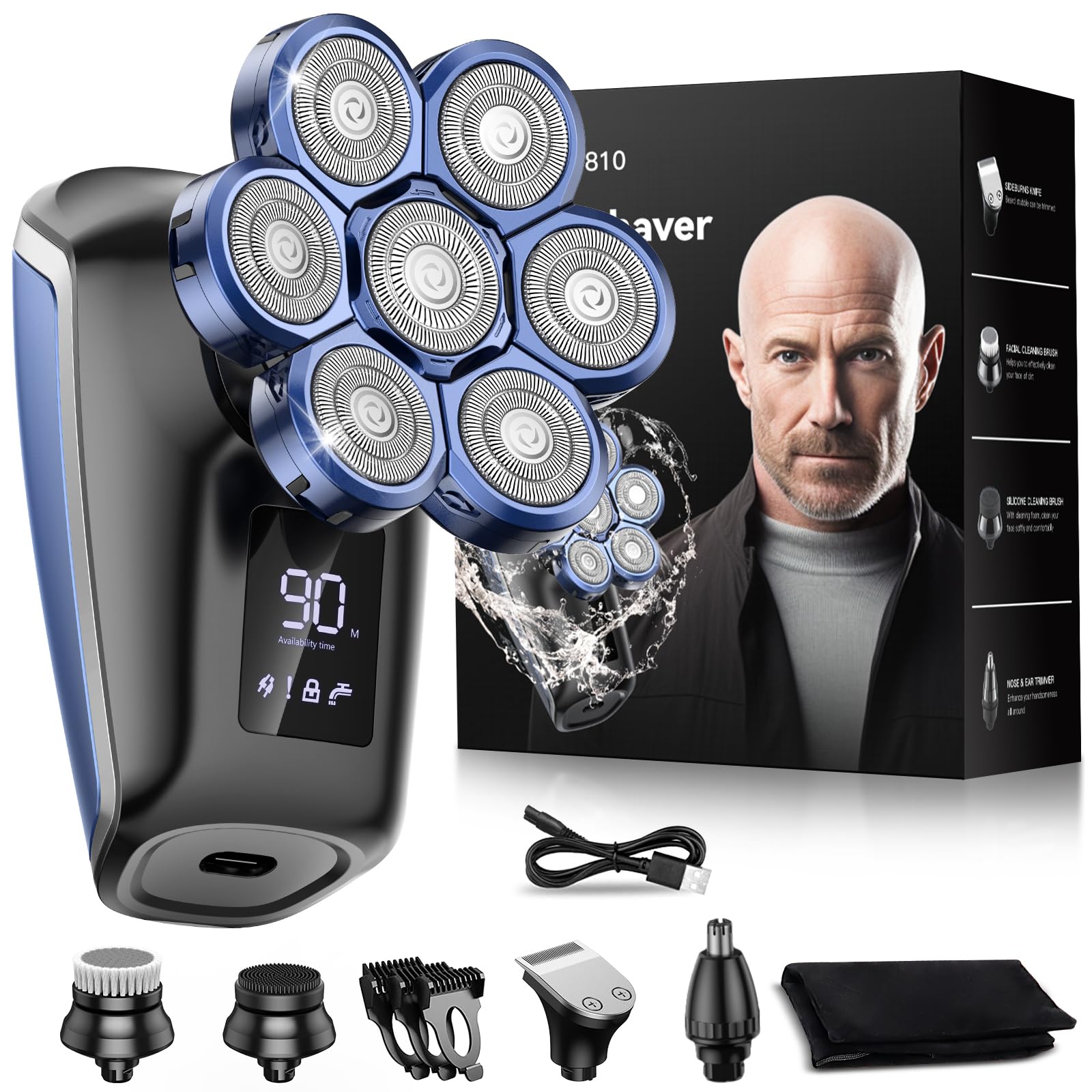 Head Shavers For Bald Men, Uythumidid 7D Wet/Dry Waterproof Head Shaver, Usb &Type C Rechargeable 7 In 1 Electric Razor Grooming