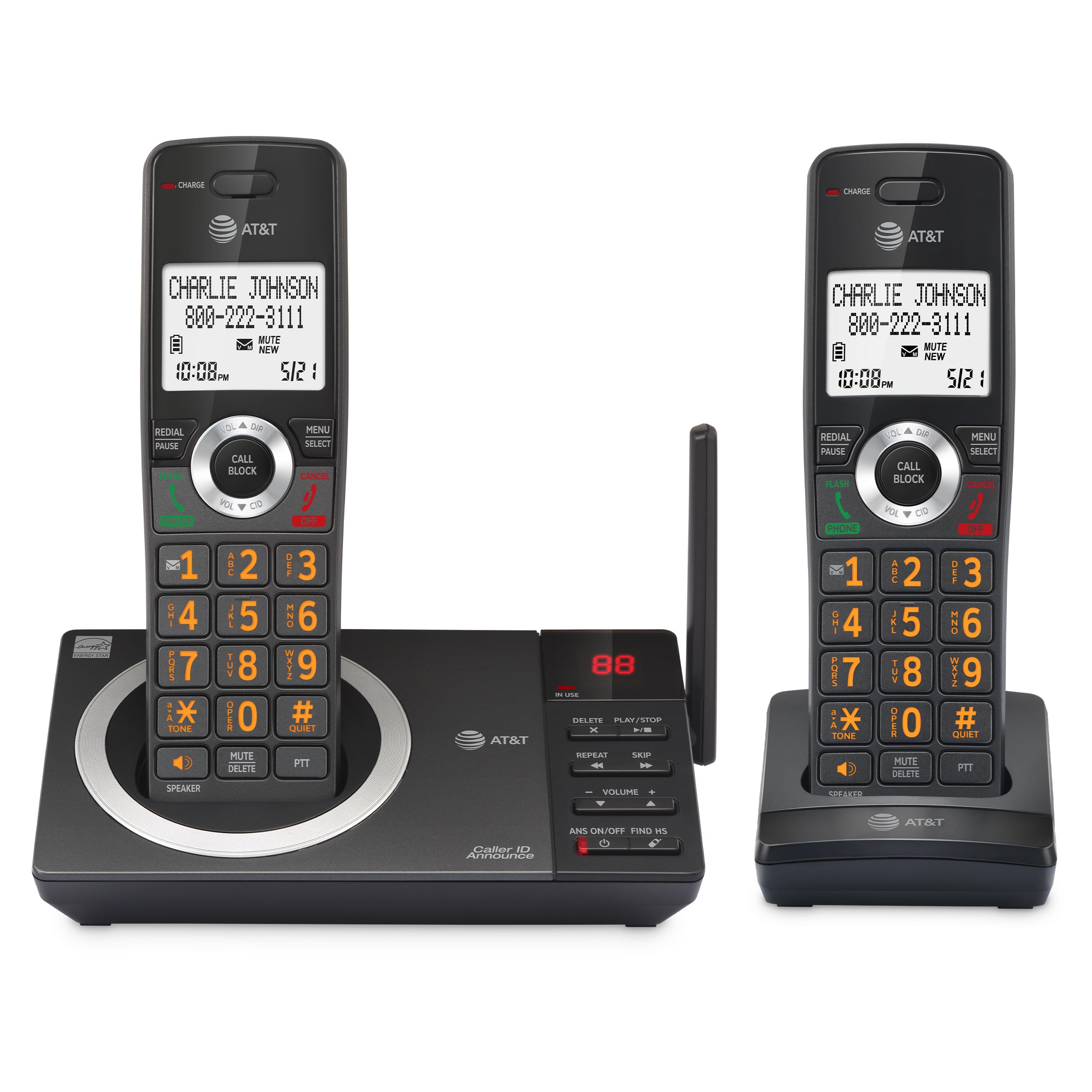 AT&T 2-Handset Expandable DECT 6.0 Cordless Home Phone with Large Display, Big Buttons, Answering Machine, Smart Call Blocker, L