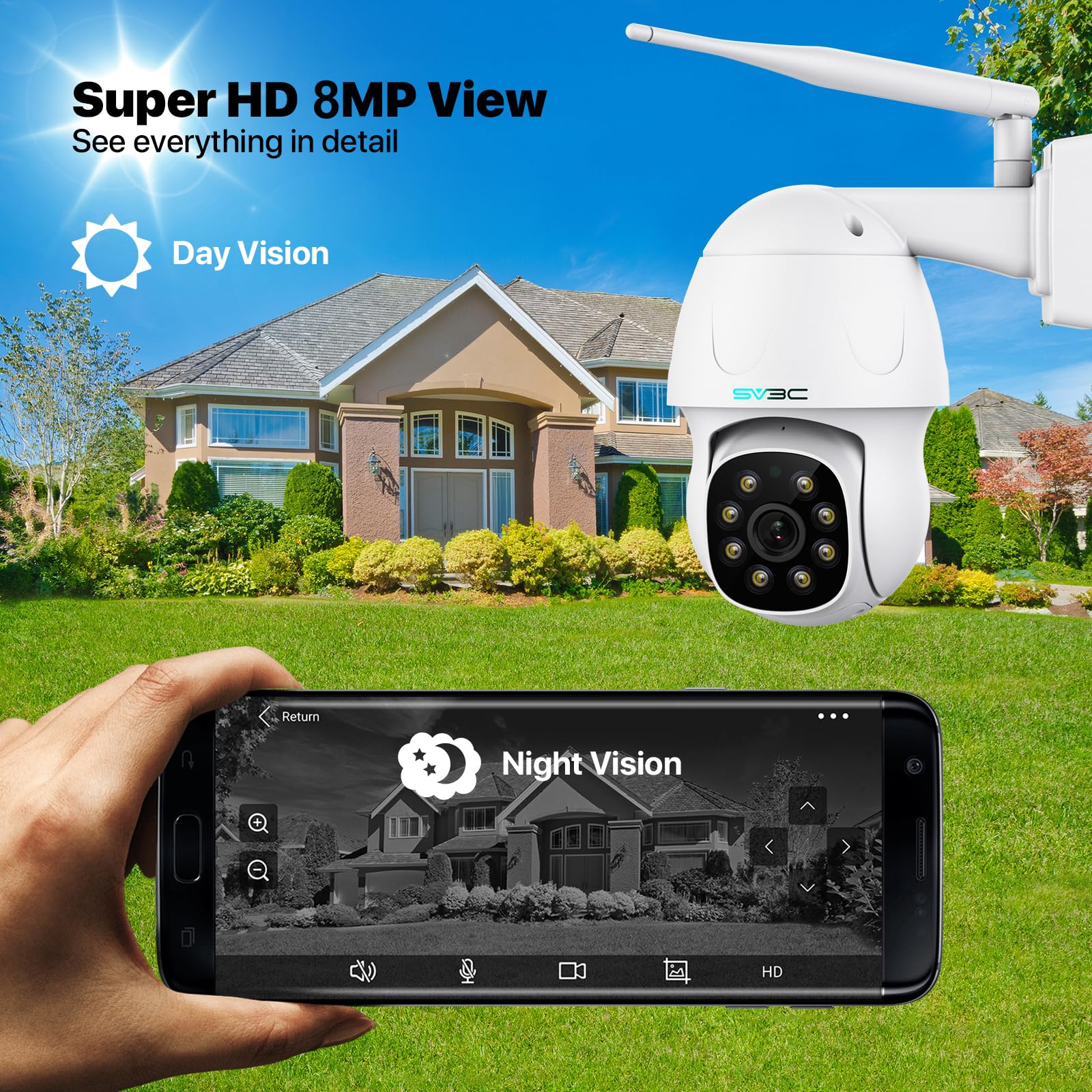 Sv3C 4K Security Ip Camera Outdoor, 8Mp Ptz Pan Tilt Dual Band 2.4G 5G Wifi Cameras With Auto Track, Floodlight Color Night Visi