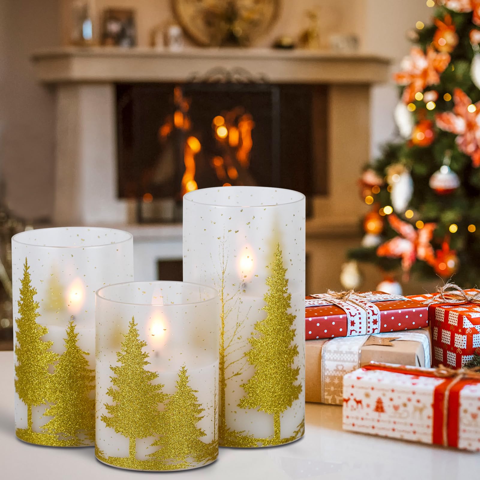 Dromance Christmas Tree Glass Flameless Candles With Remote Timer Battery Operated Real Wax 3D Wick Led Flickering Pillar Candle