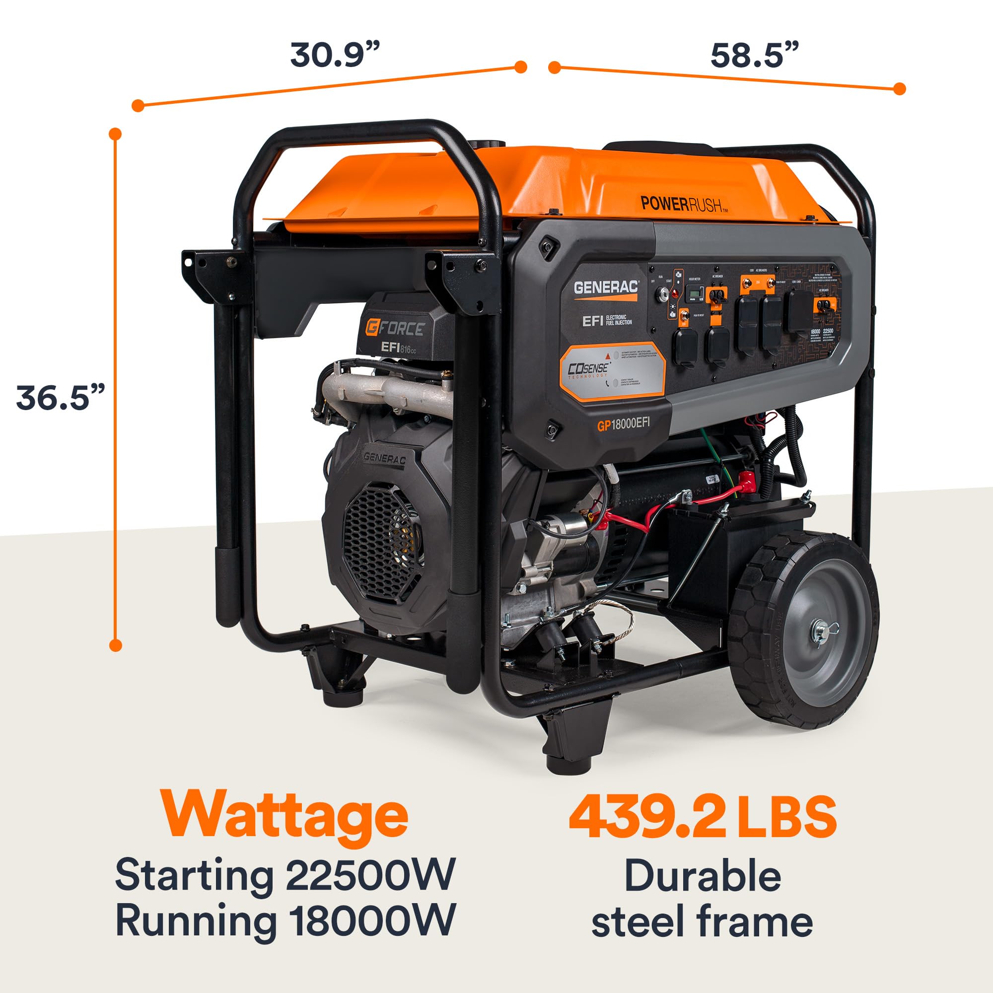 Generac 8917 Gp18000Efi 18,000 Watt Gas Powered Electric Start Portable Generator With Cosense & Efi Engine, Transfer Switch Com