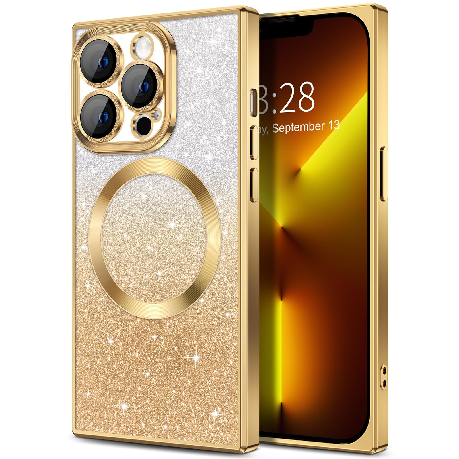 Hython For Iphone 13 Pro Max Case Clear Magnetic Glitter Phone Cases [Compatible With Magsafe] Full Camera Lens Protector Gradie
