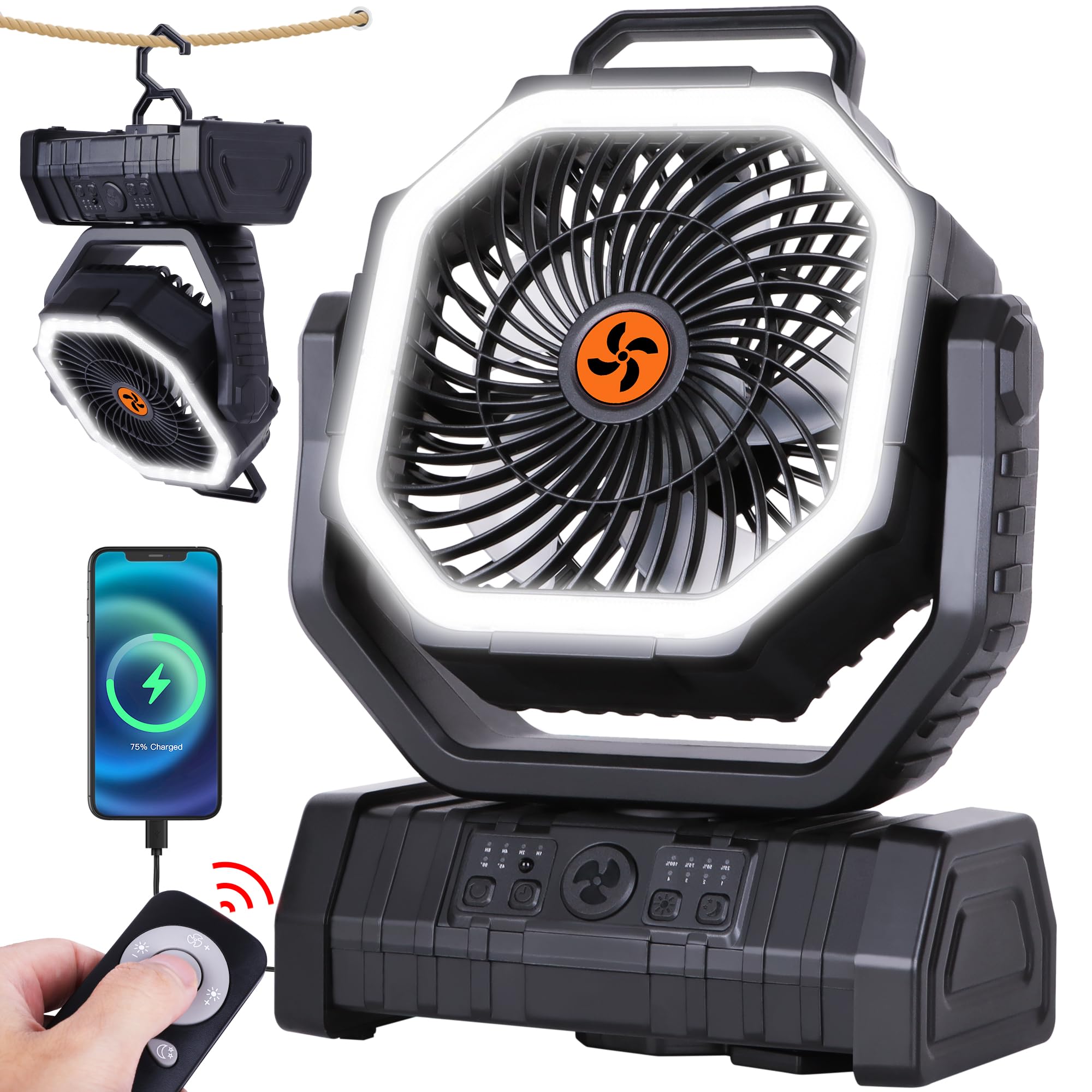 ???????????????? Rechargeable Fan Portable,????????Battery Powered Camping Fan with Light,Workup ?????? & ???? Timer & Remote,Au