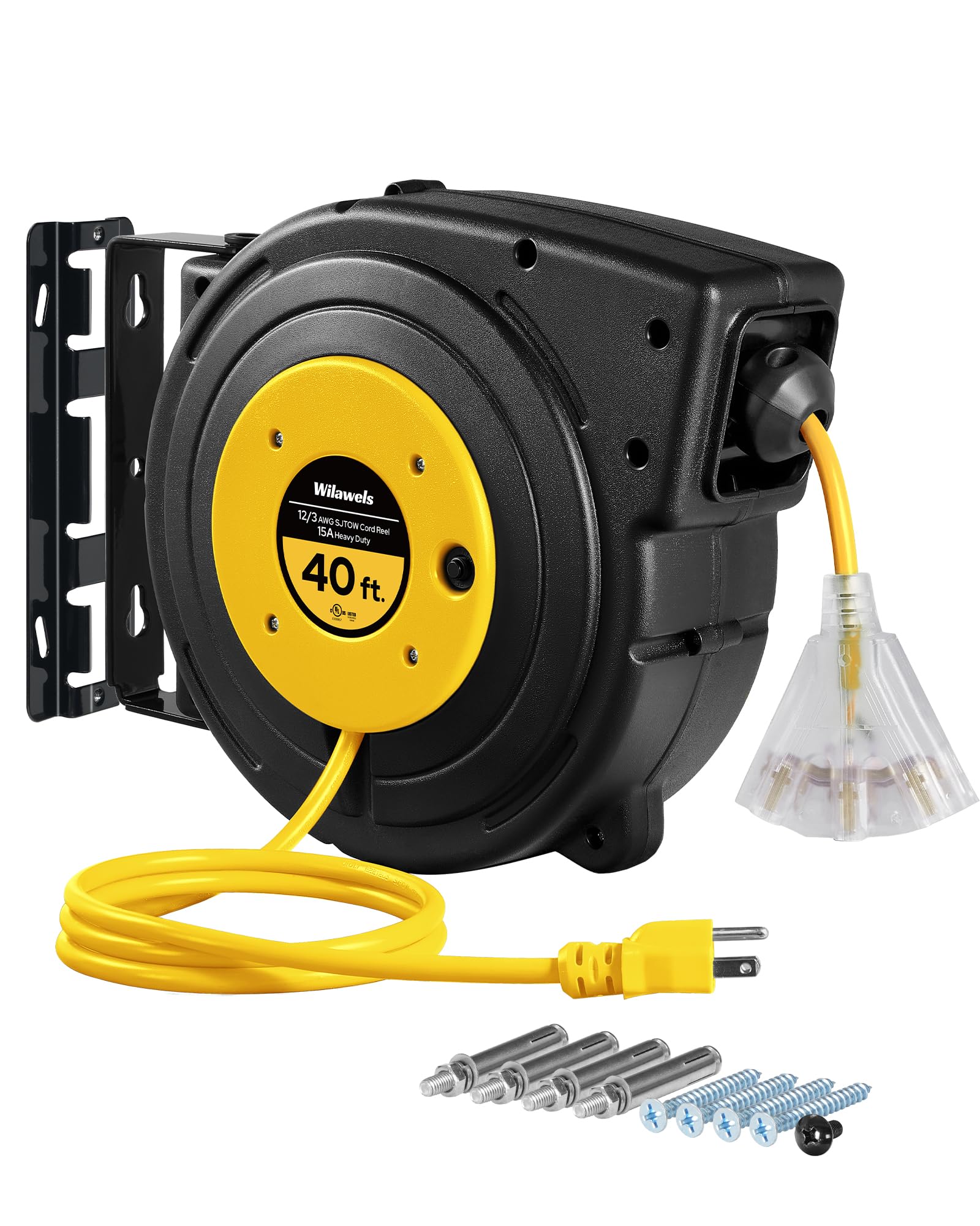 Wilawels Retractable Extension Cord Reel, 40 Ft Heavy Duty Power Cord, 12Awg/3C Sjtow, 3 Grounded Outlets Lighted Triple Tap, 15