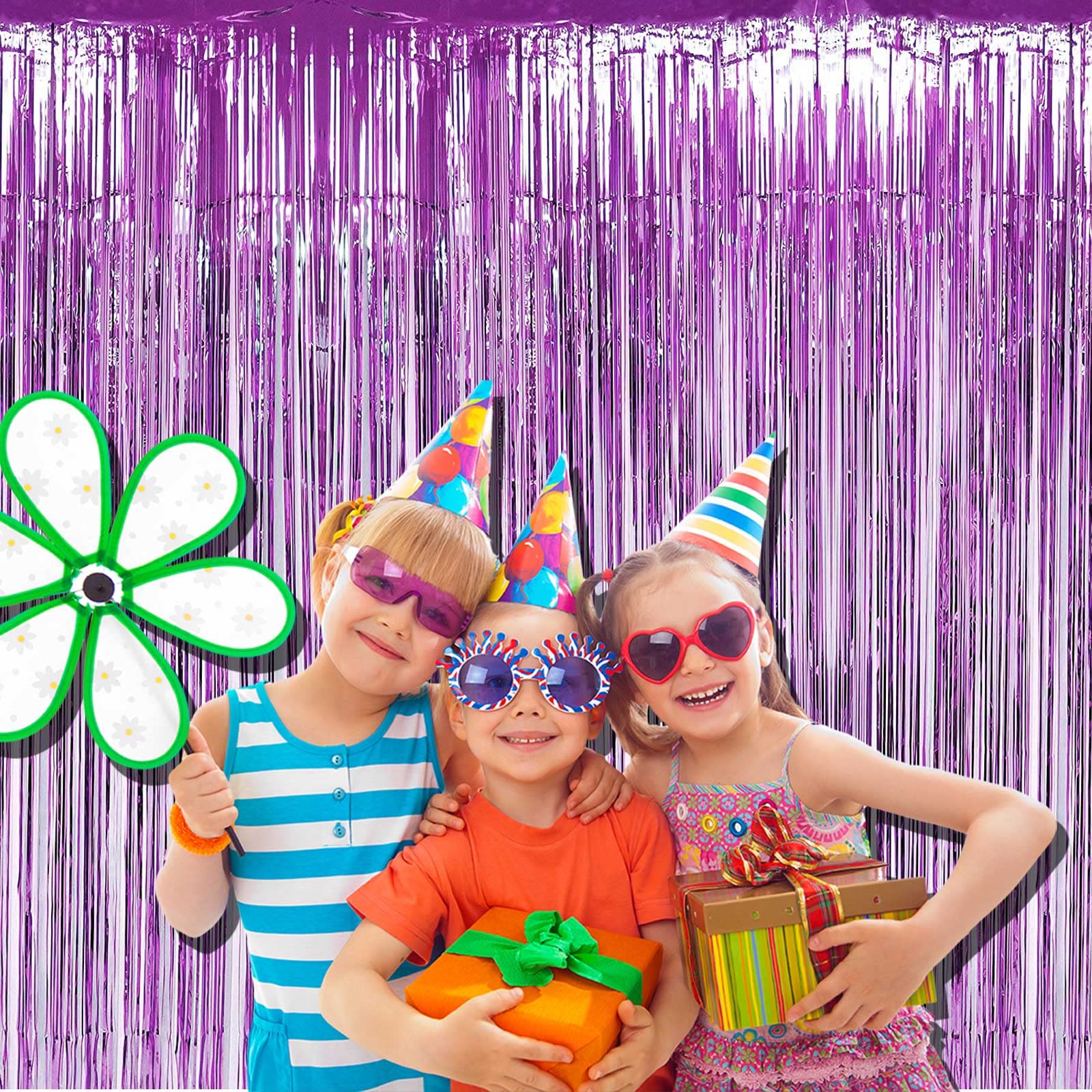 Halloweendecorate 4 Pack Light Purple Foil Fringe Curtain Backdrop, 3.28Ft X 8.2Ft Metallic Tinsel Foil Fringe Streamers Curtain