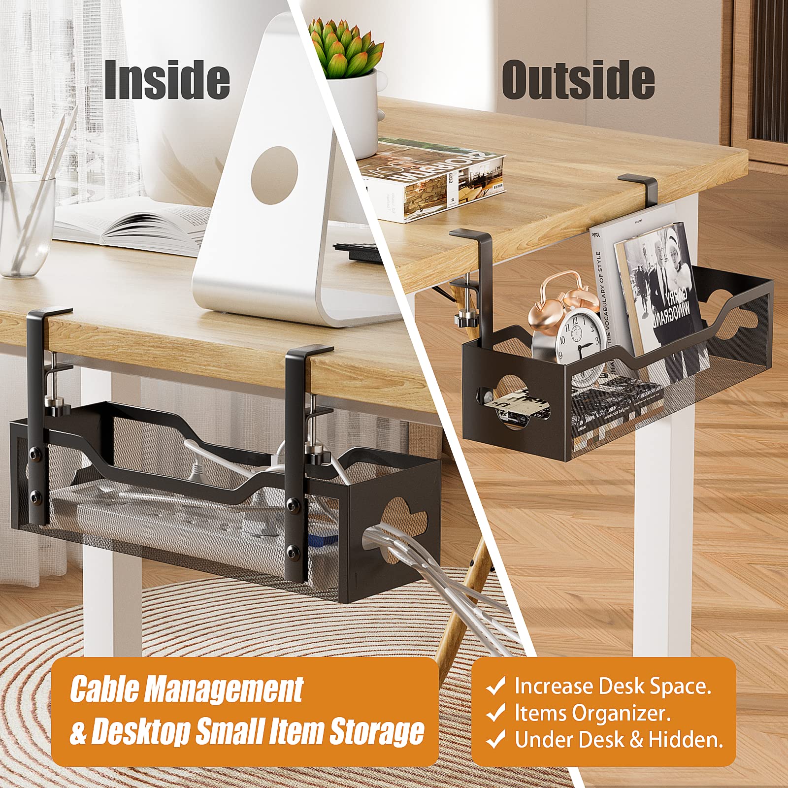 Quszmd Under Desk Cable Management Tray - Black, 13.38, Easy Install, No Damage to Desk, Cord Organizer for Standing Desks