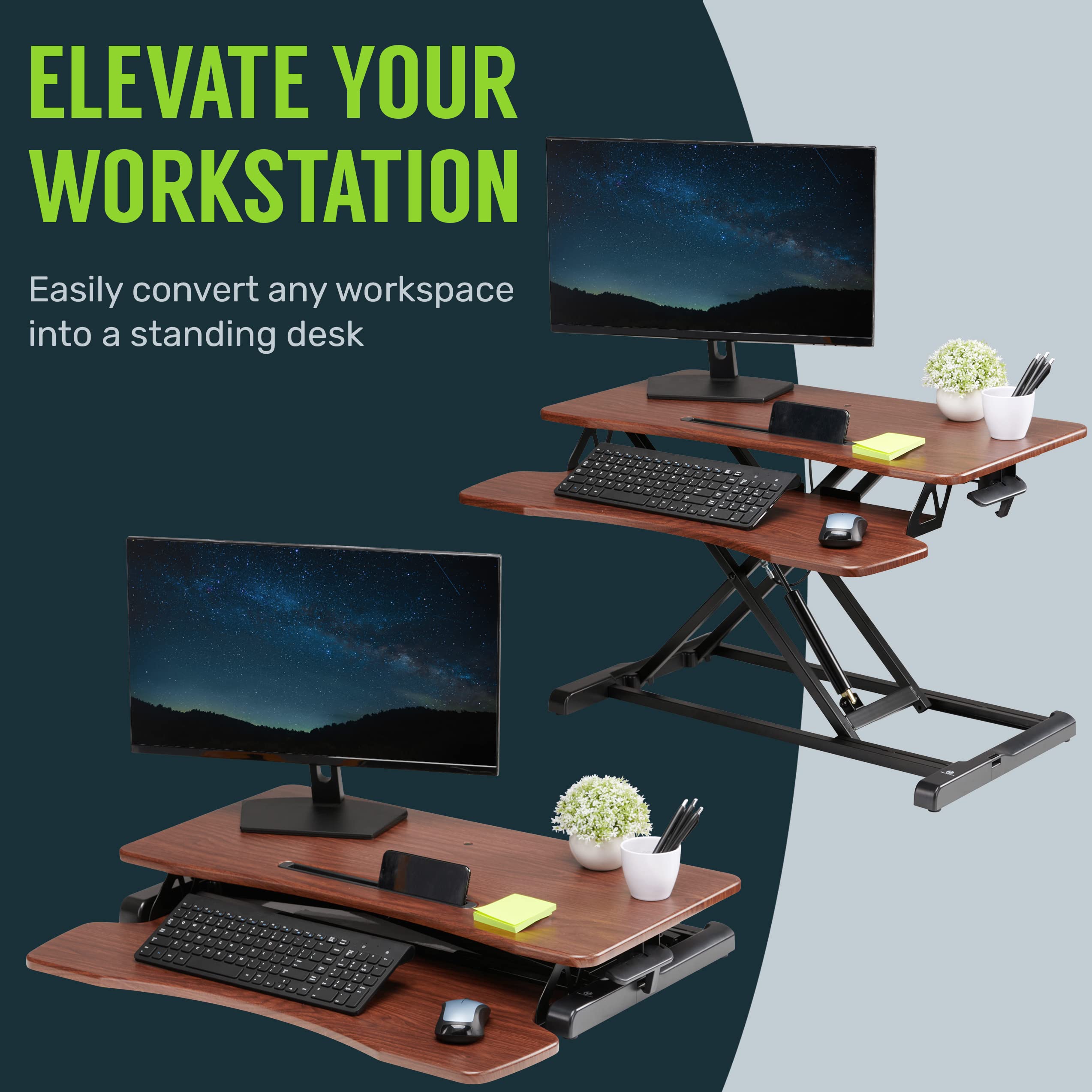 Techorbits Standing Desk Converter   42 Inch Adjustable Sit To Stand Up Desk Workstation, Mdf Wood, Ergonomic Desk Riser With Ke