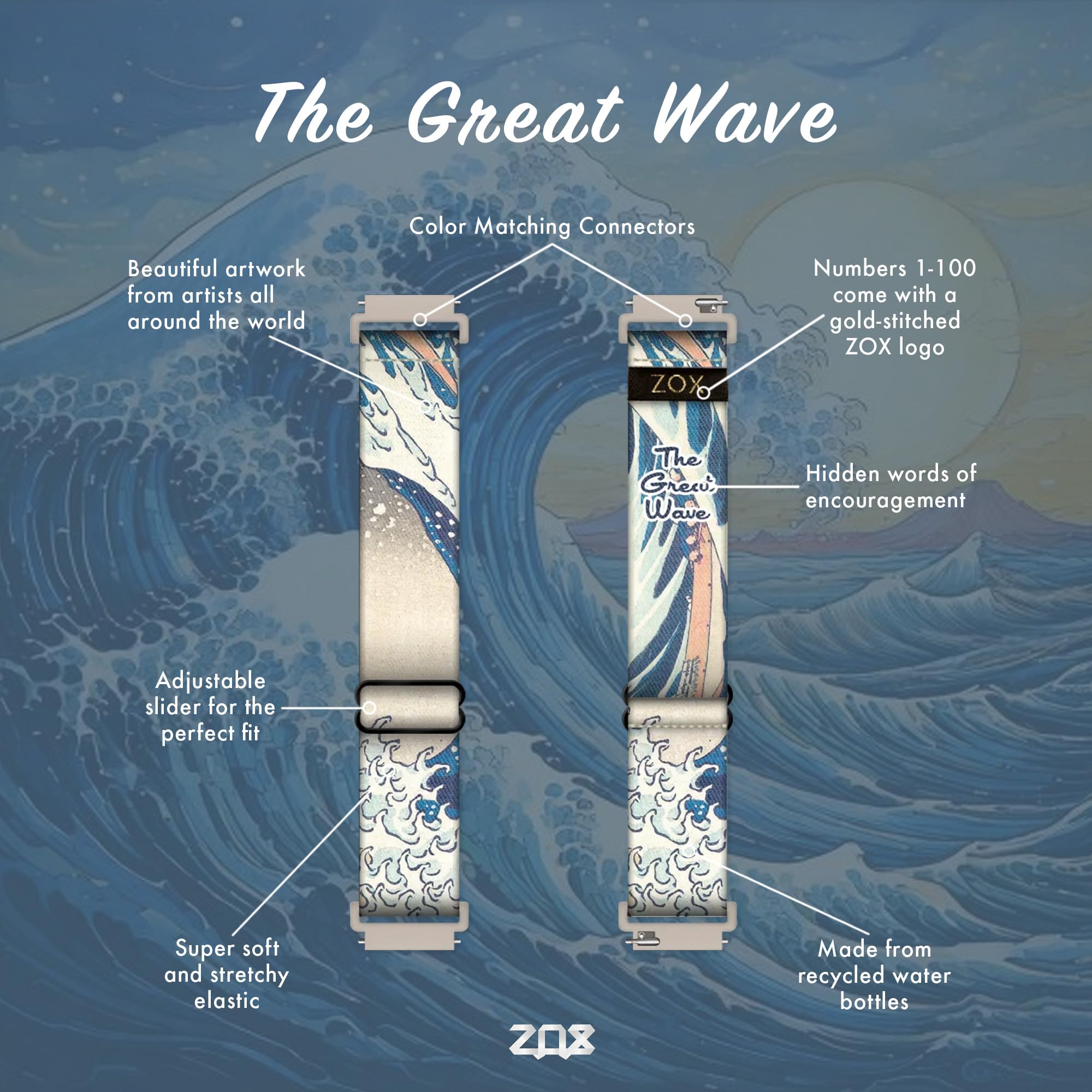 Zox Android Smart Watch Band - The Great Wave | Soft, Adjustable Elastic Band With Motivational Affirmations And Beautiful Artwo