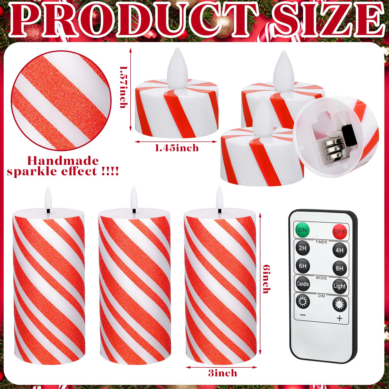 Baquler 9 Pcs Christmas Led Candy Cane Candles And Christmas Flameless Tea Lights Set 6 Inch Candy Cane Stripe Holiday Led Flame