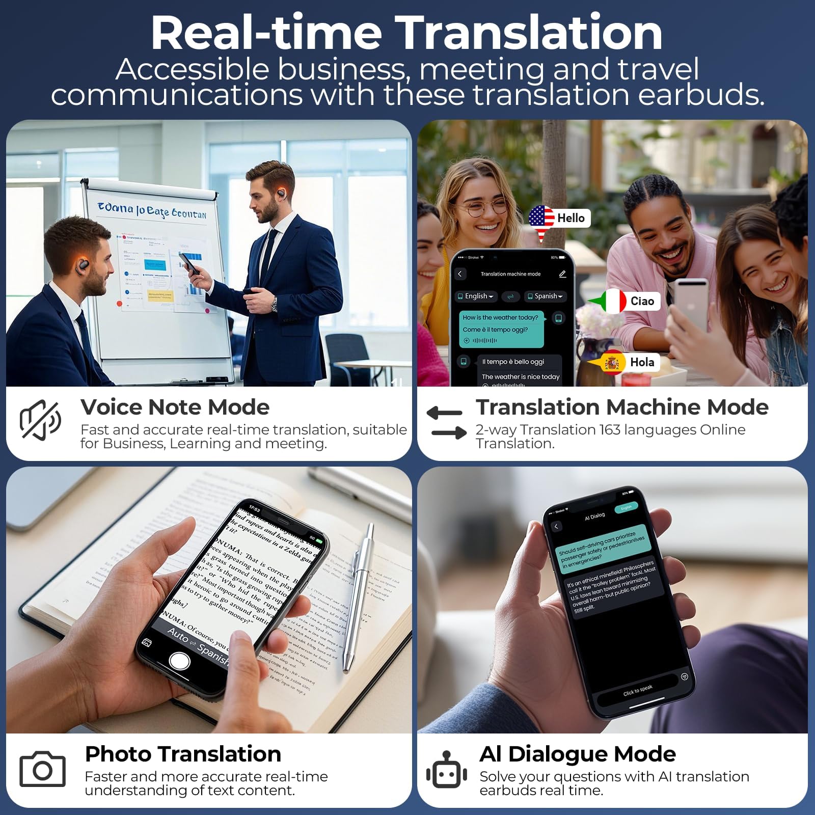 Ai Translation Earbuds With 164 Languages, 80H Playtime Bluetooth Translator Headphones, Real-Time Two-Way Translator Device Wit