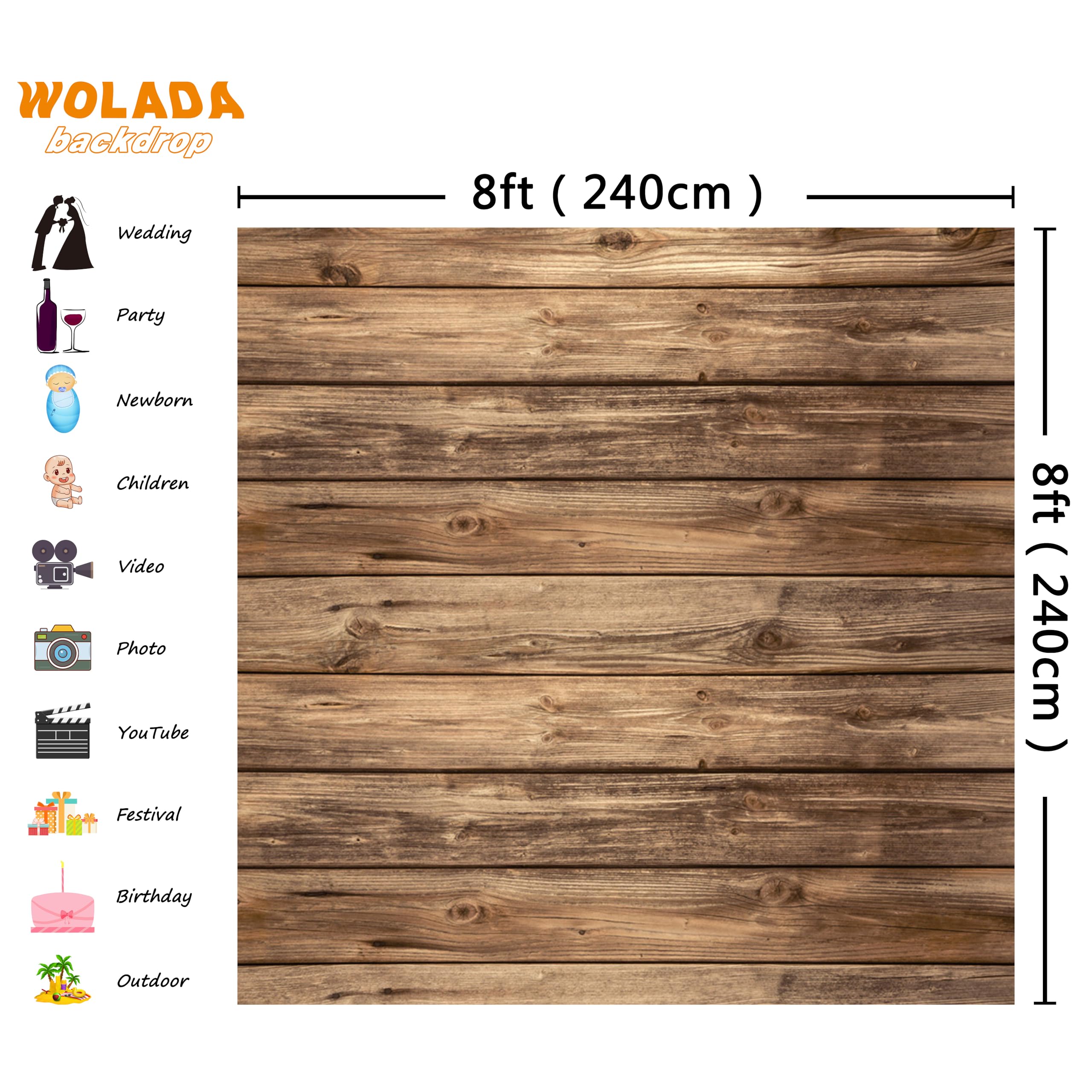 Wolada 8X8Ft Rustic Wood Wall Backdrop Natural Brown Wooden Board Photography Background Baby Shower Birthday Party Cake Table D