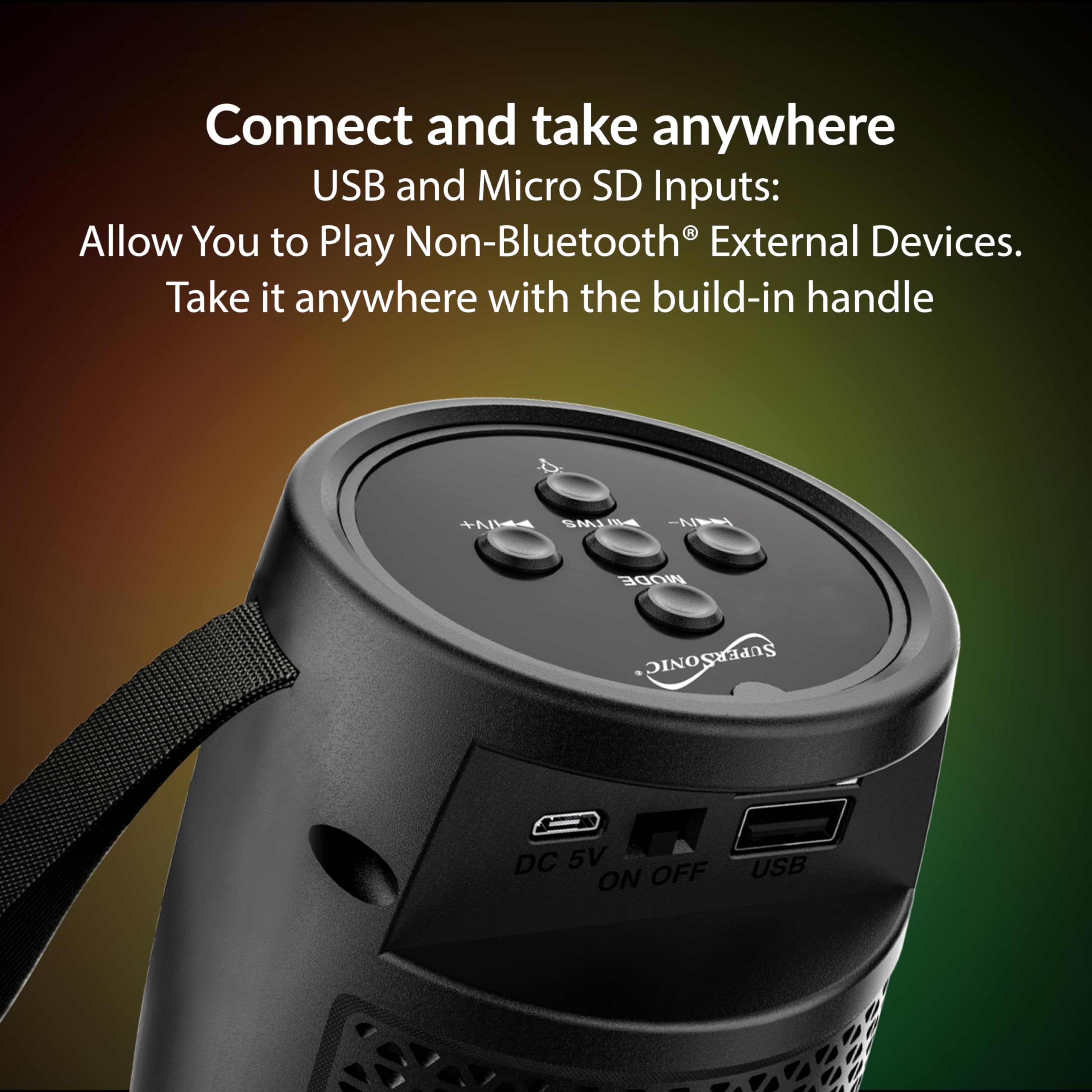 Supersonic Sc-2333Bt Portable Bluetooth Speaker With Rgb Light Panel, True Wireless Stereo, Bluetooth 5.0, Usb/Micro Sd Playback