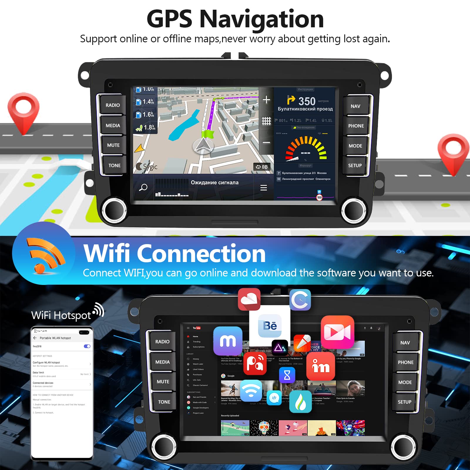 2+64G Android Car Stereo With Wireless Carplay/Android Auto For Vw Jetta Seat Passat Tiguan Cc Golf Skoda 7 Inch Touchscreen Headunit Gps Wifi Bluetooth Fm With Backup Camera For Volkswagen