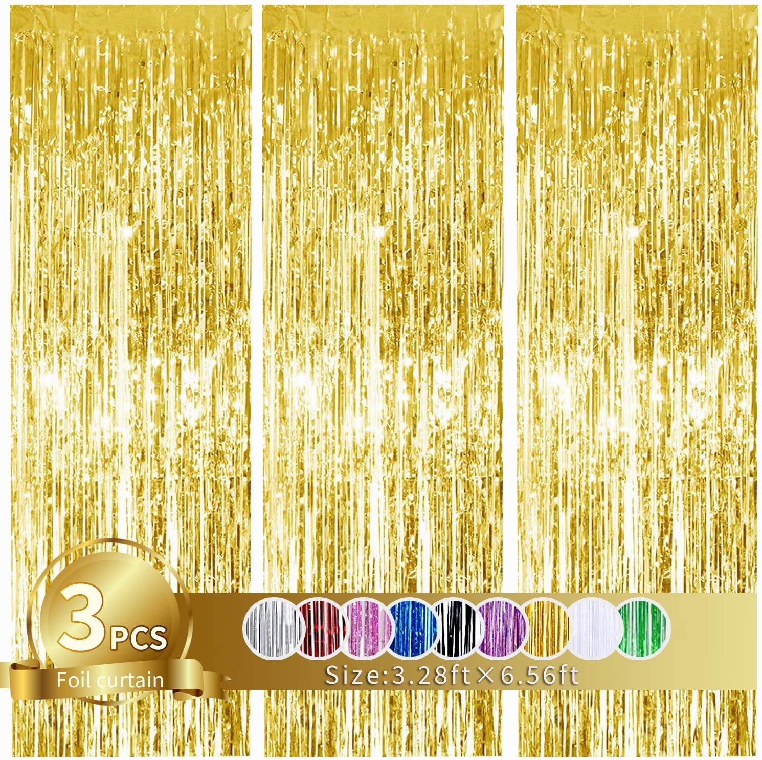 Toniful 3Pcs Gold Door Streamers,Gold Photo Booth Backdrop Metallic Streamers Gold Foil Fringe Curtains For Birthday,Christmas,N