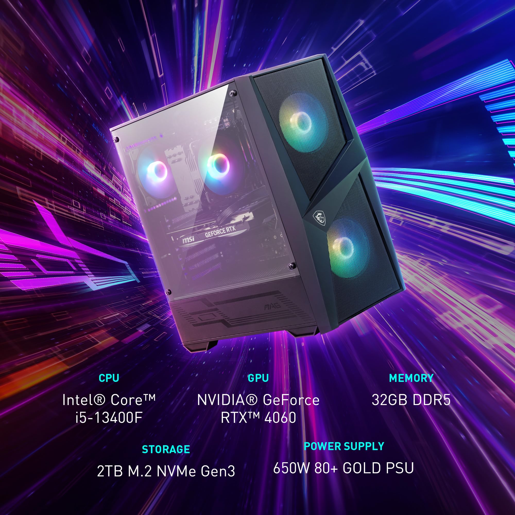 Msi Codex R Gaming Desktop: Intel Core I5-13400F, Rtx 4060, 32Gb Ddr5, 2Tb M.2 Nvme Gen3, Rgb Fan Cooling, 650W 80+ Gold, Keyboa