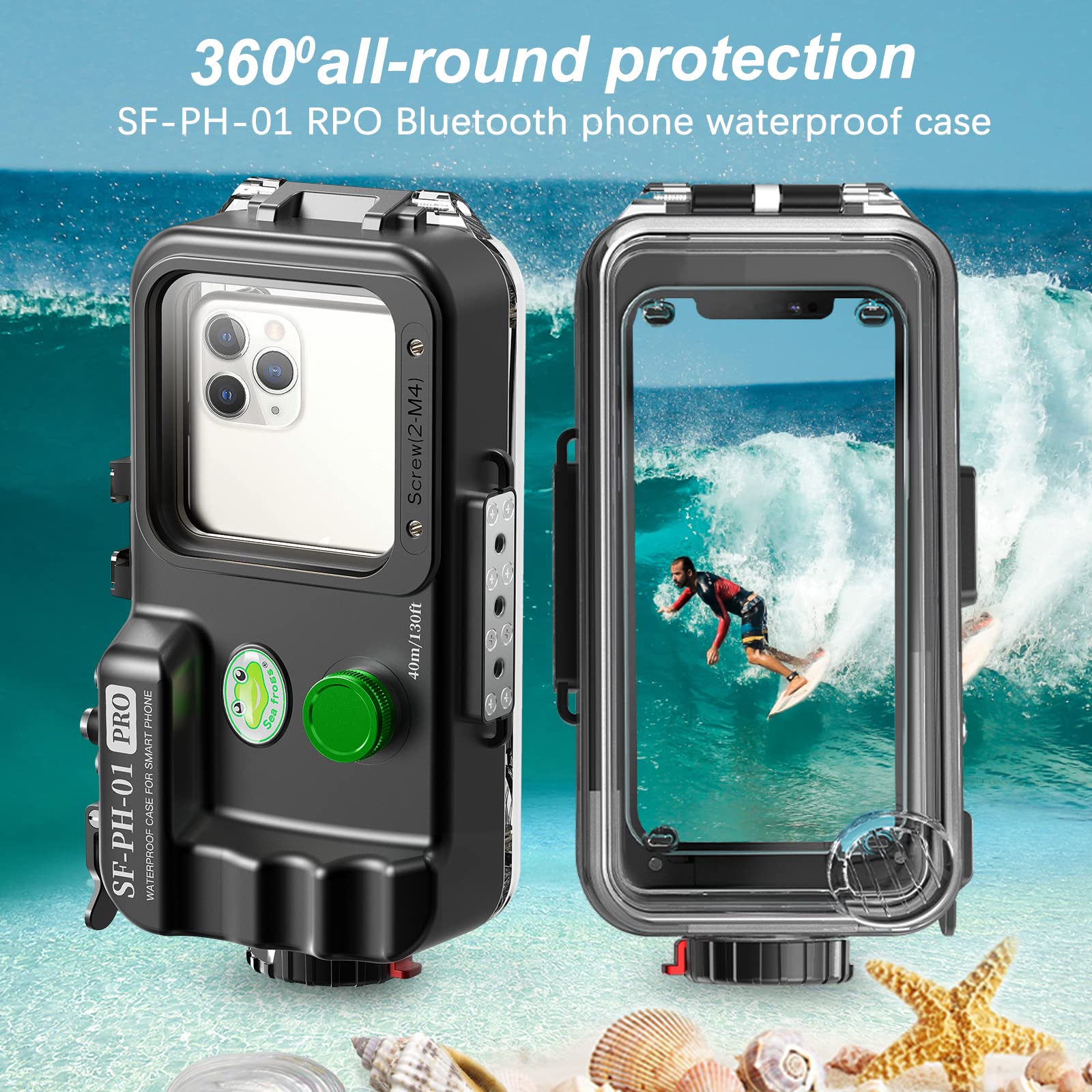Seafrog 130Ft/40M Professional Diving Phone Case For Swimming Snorkeling Access Camera Controls, With Big Window, Leak Alarms, U