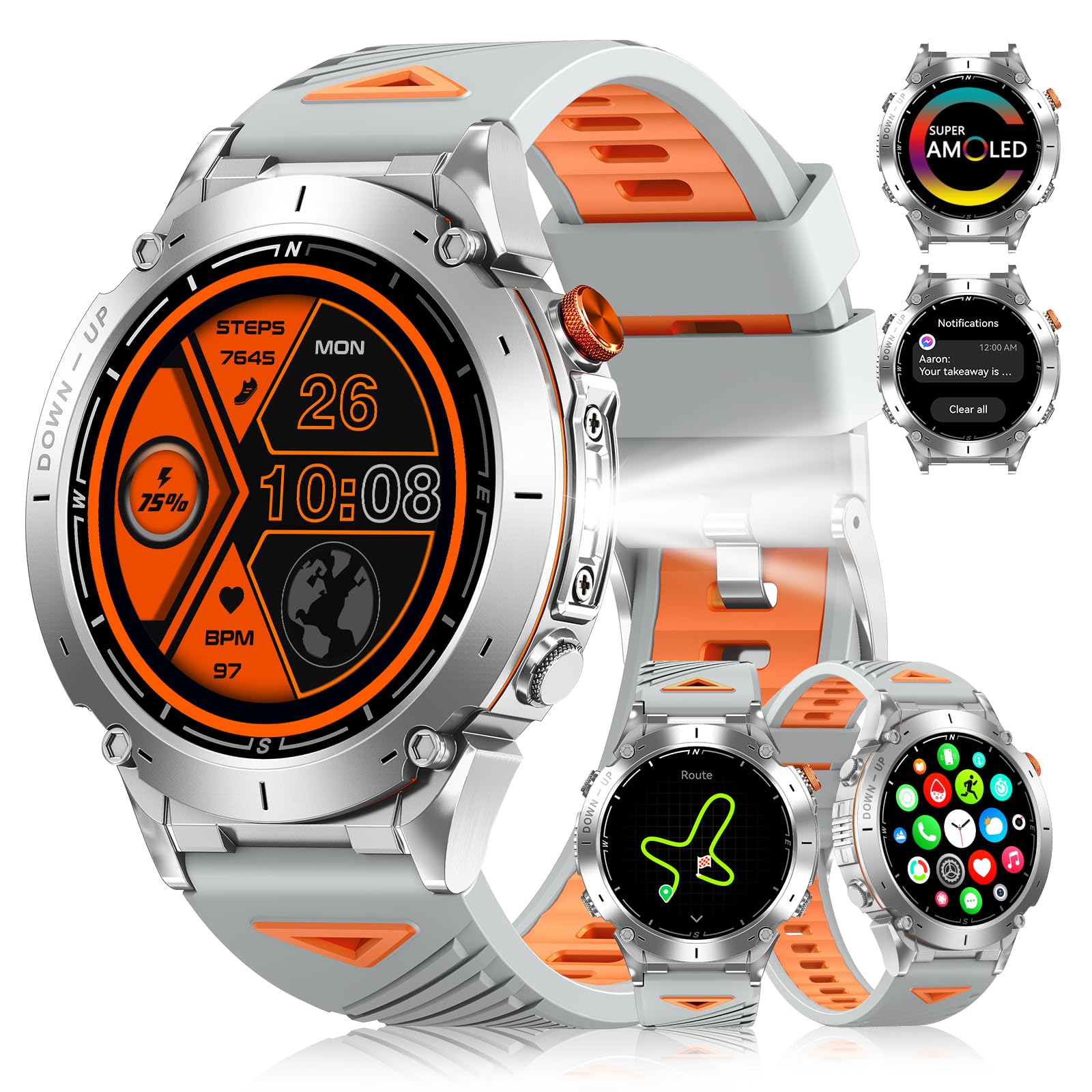 PODOEIL GPS Military Smart Watch for Men with Bluetooth Call, 1.43 AMOLED Waterproof Smart Watch with Flashlight, 170 Sport Mode