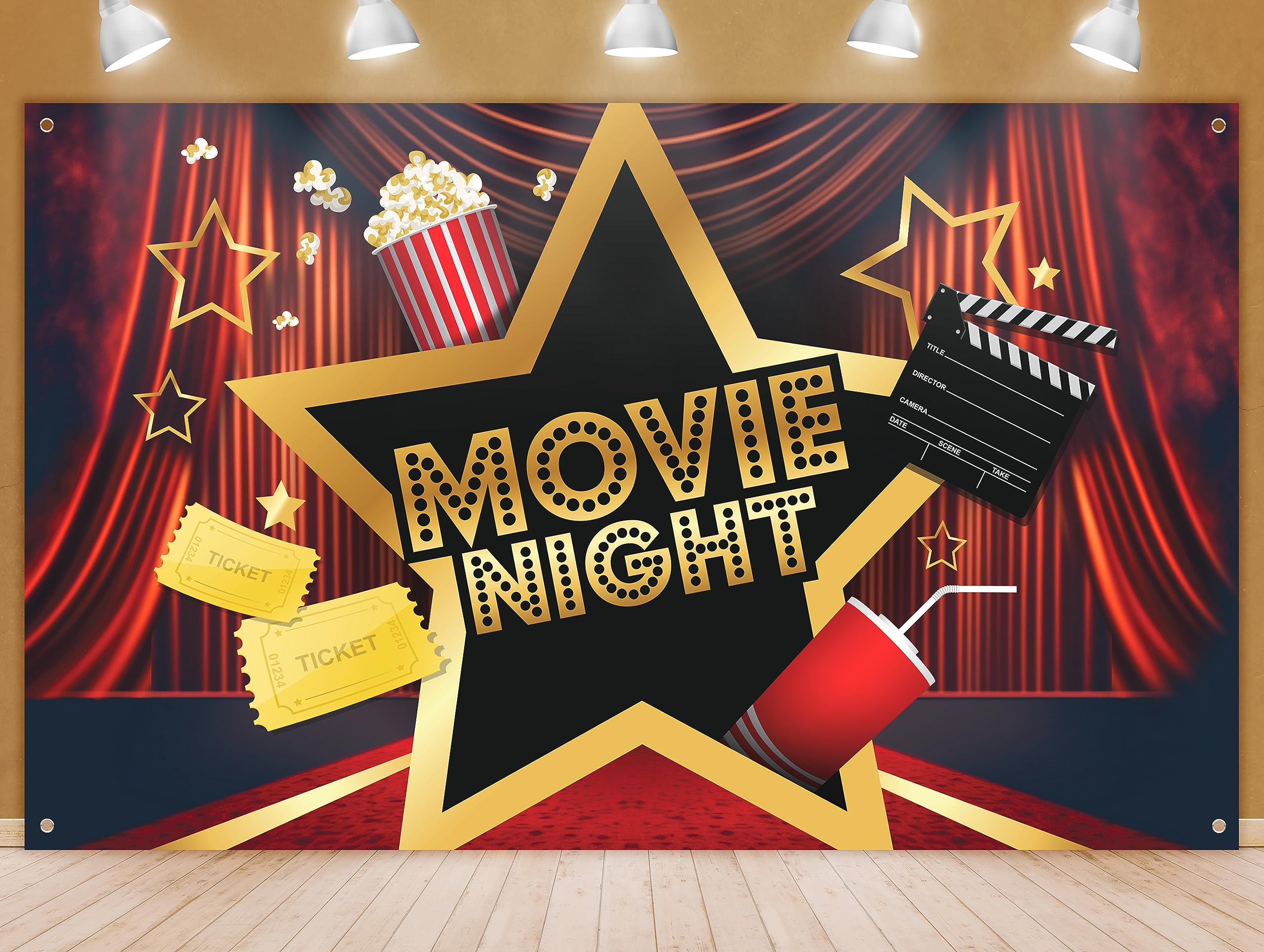 Movie Night Party Backdrop   Cinema Theme Photography Background Birthday Supplies Black Red Banner Showing Hollywood Popcorn Dr