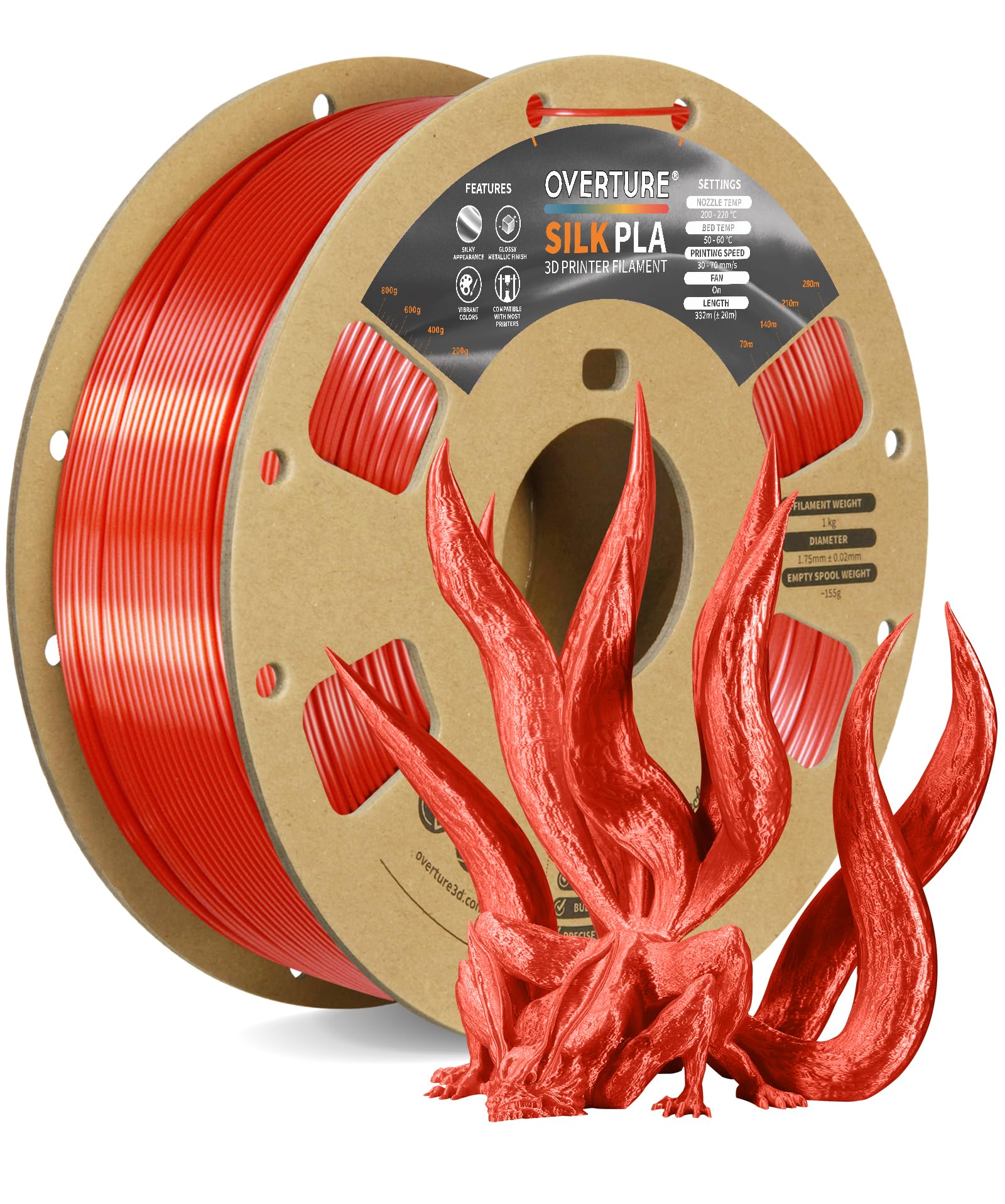 Overture Silk Filament Pla 1.75Mm Clog Free Shiny 3D Printer Consumables, 1Kg Spool (2.2Lbs), Dimensional Accuracy +/  0.02 Mm,