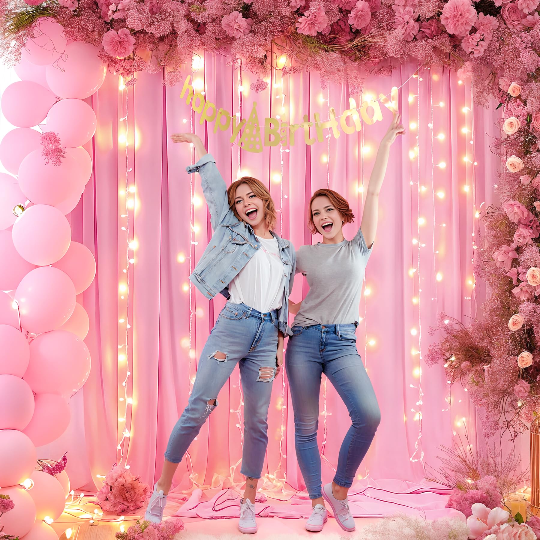 10X10Ft Pink Backdrop Curtains With Lights String For Baby Shower Parties, Wrinkle Free Curtains Backdrop Drapes For Wedding Gir