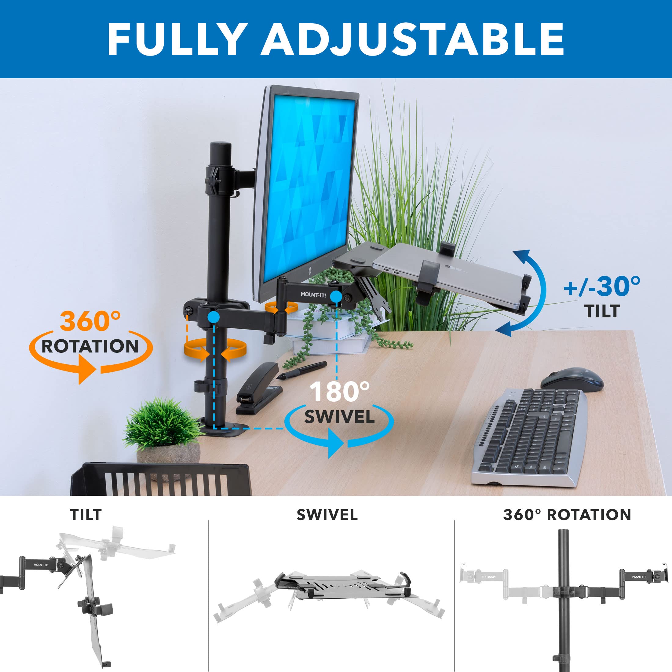 Mount It! Laptop Pole Mount Tray | Full Motion Laptop Mount Fits Up to 15.6 Laptops | Universal Laptop Stand for Add On to Monitor Mounts