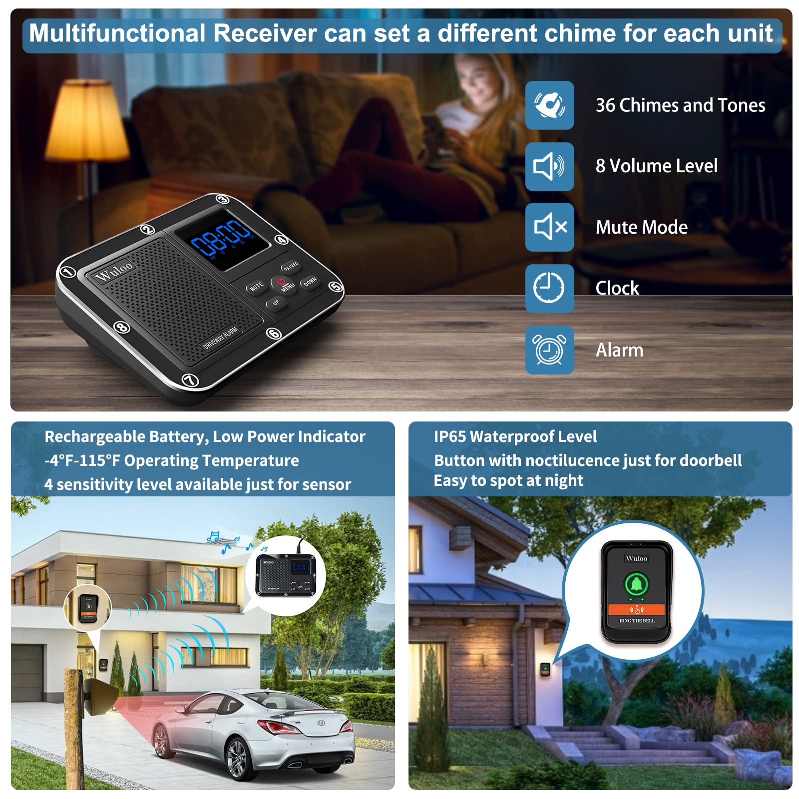 Solar Wireless Driveway Alarm With Extra Doorbell Part, Multifunctional Wireless Home Security System, Rechargeable Battery/Weatherproof/Mute Mode/Clock And Alarm (1 Receiver 2 Sensors 1 Doorbell)