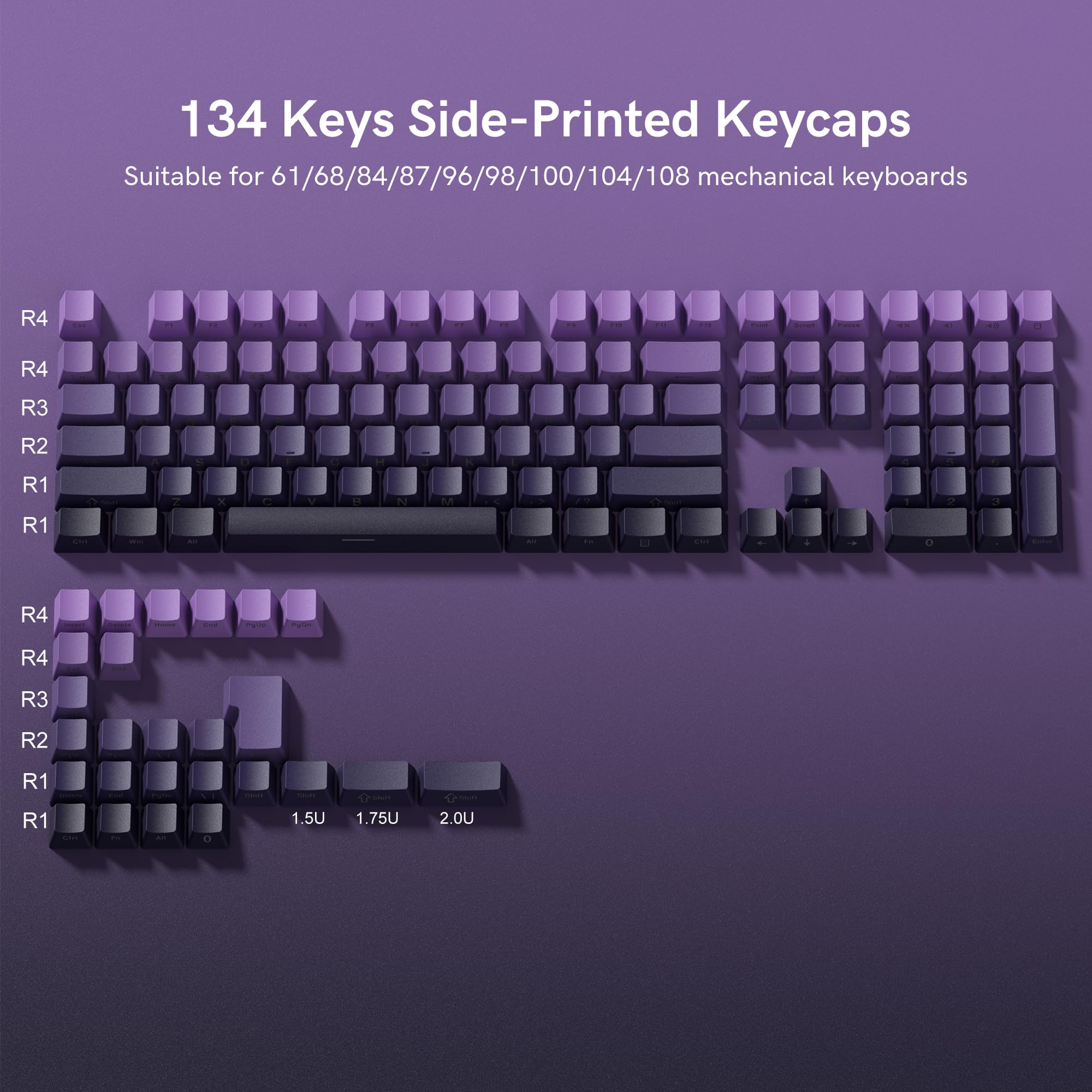 Dagaladoo Pbt Keycap,Side Printed Keycaps 75 Percent,Double Shot Key Caps,Cherry Profile,Gradient Purple Keyboard Keycap,Shine T