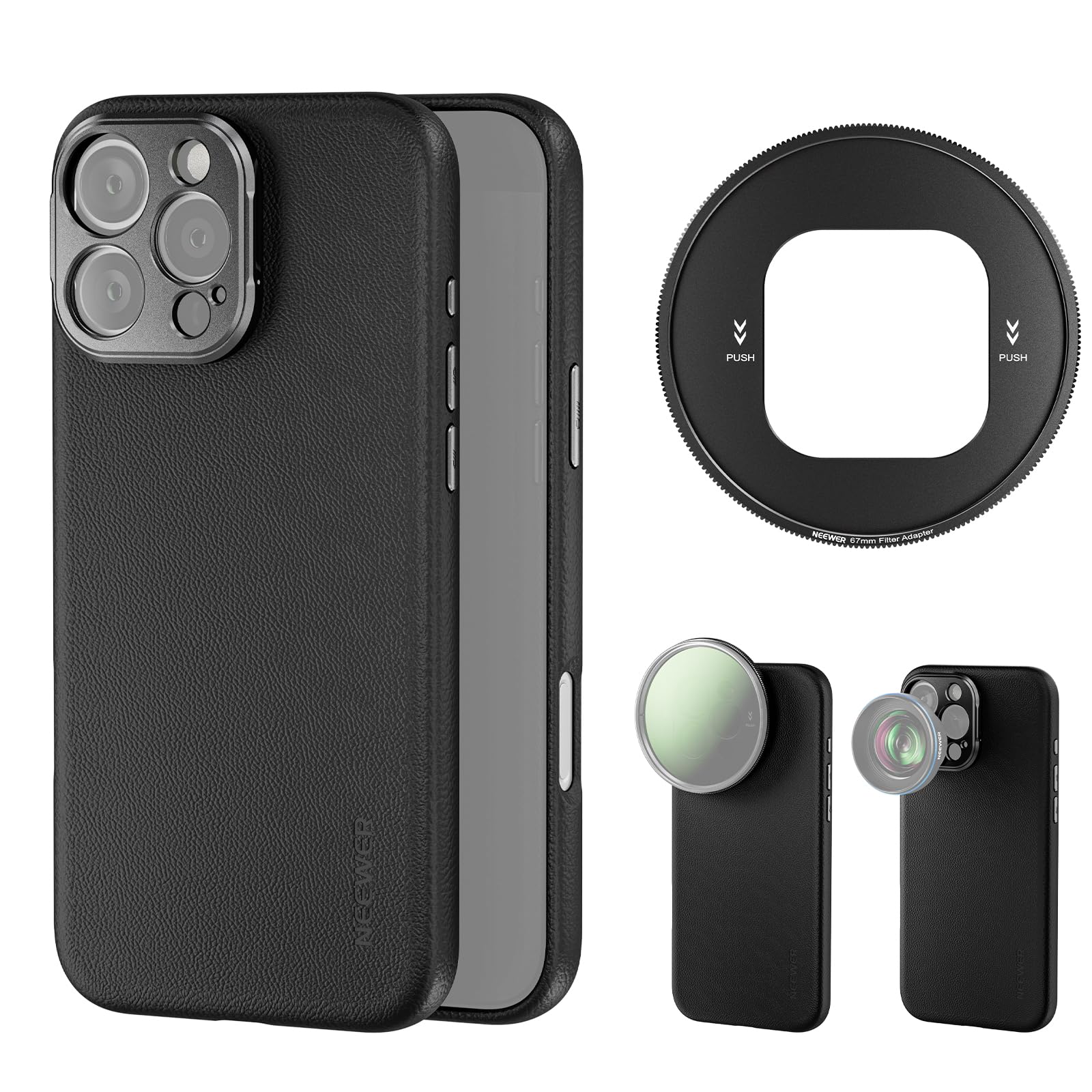 Neewer Phone Case for 16 Pro Max, TPU/PC Protective Heavy Duty Case with 17mm Lens Mounts, 67mm Filter Adapter, Nonslip Faux Lea