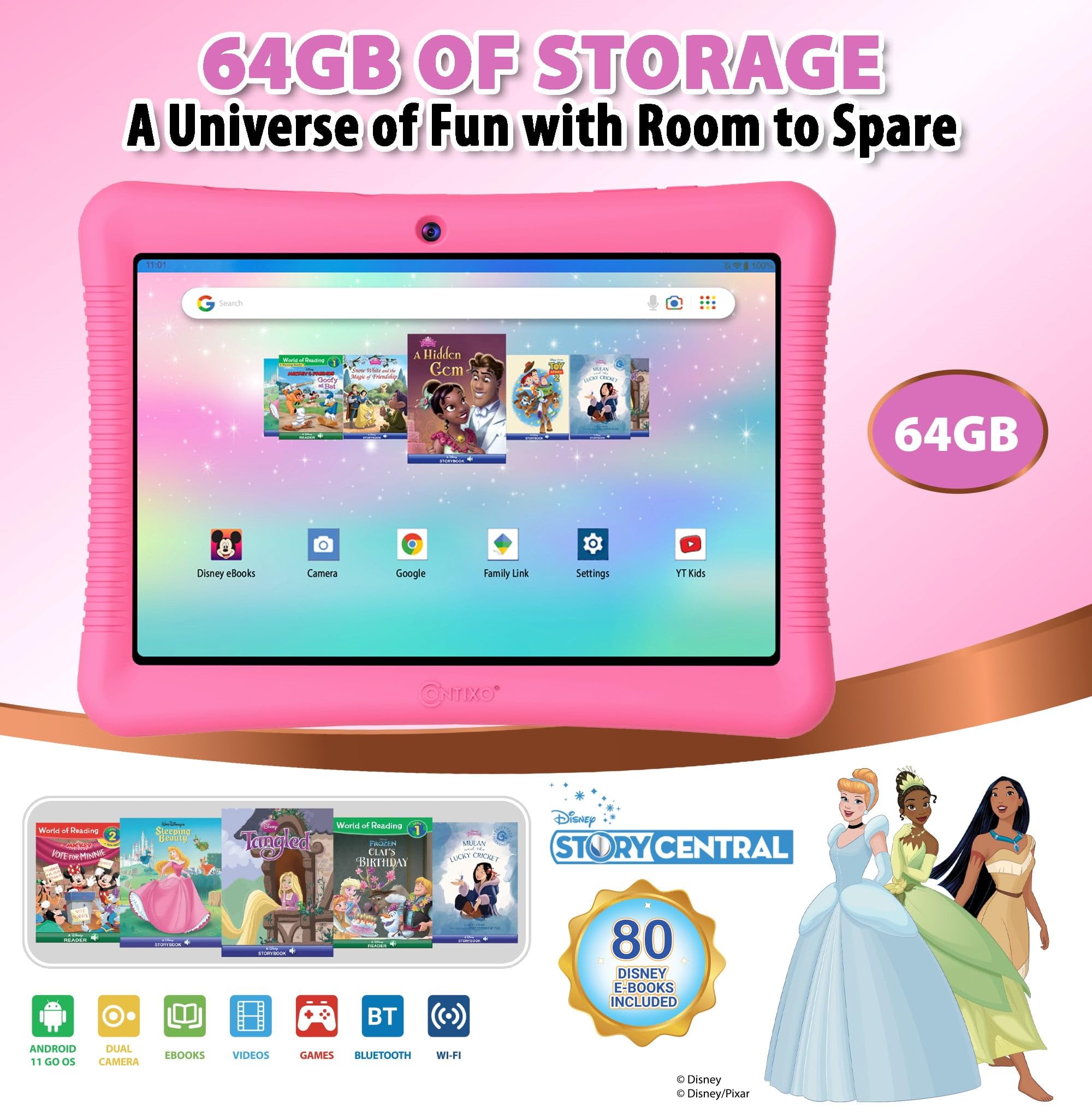 Contixo 10' Android Kids Tablet Bundle   32Gb, 80+ Disney Storybooks & Stickers, Parental Controls, Kid Proof Case With Kickstand & Stylus, Headphones & Sleeve Bag (2024 Model)   Pink