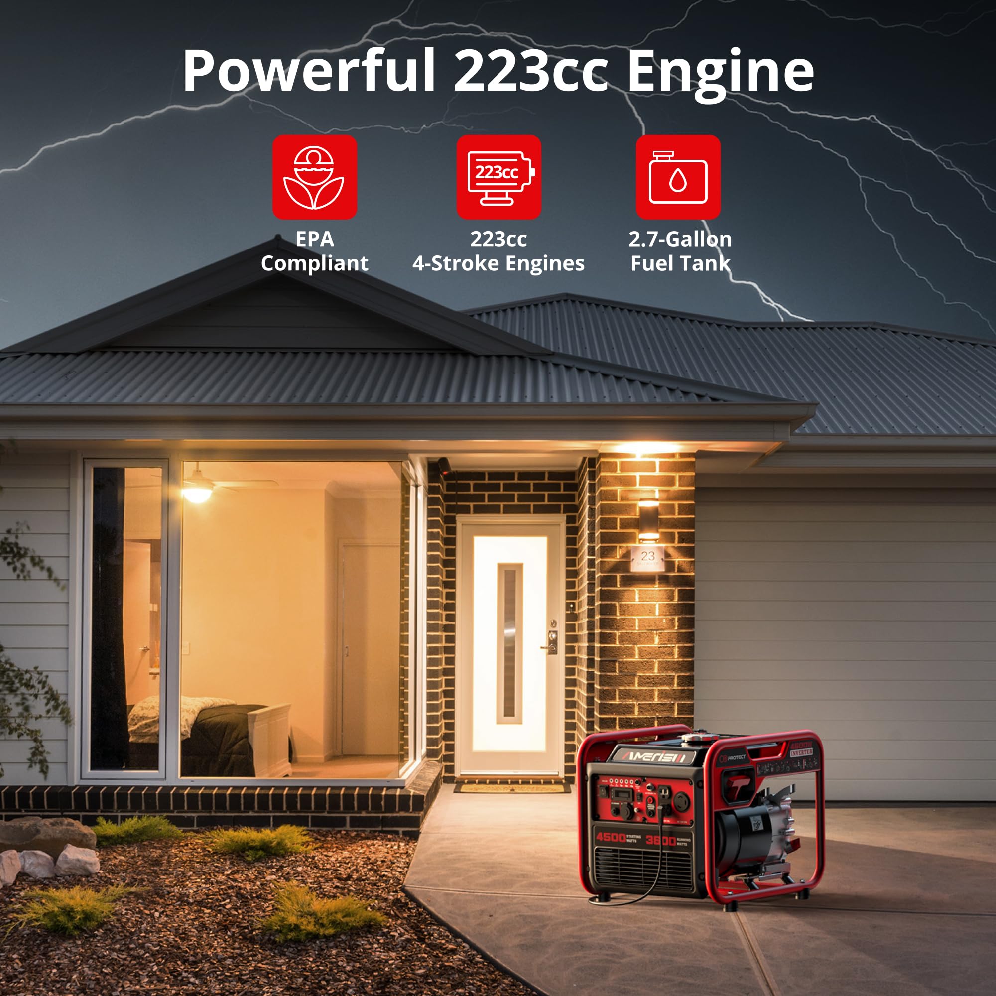 Portable 4500W Gas-Powered Inverter Generator With Co Sensor: Lightweight, Quiet, And Epa-Compliant For Home, Emergency Backup,