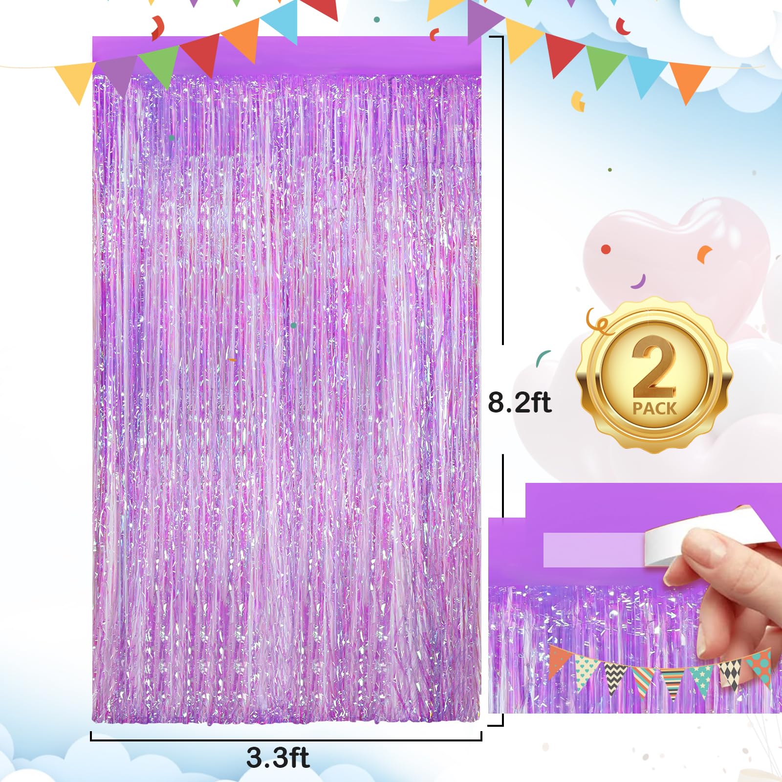 2Pack 3.3X8.3Ft Iridescent Purple Streamers Foil Fringe Curtains Neno Purple Tinsel Door Curtains Photo Booth Backdrop For Weddi