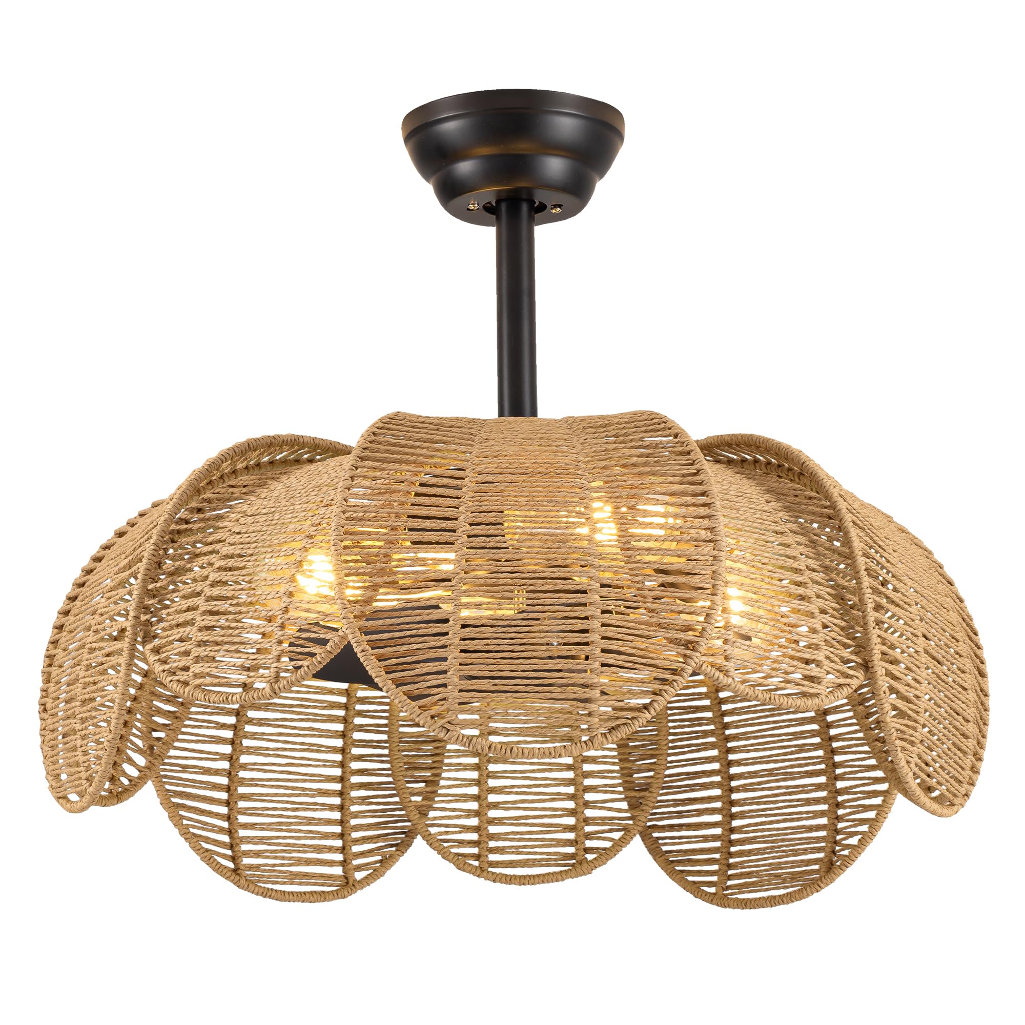 DARYEWO 26 Boho Ceiling Fans with Lights and Remote,Black Handwoven Rattan Fandelier with 6 Speeds Timing for Kitchen Island,Din
