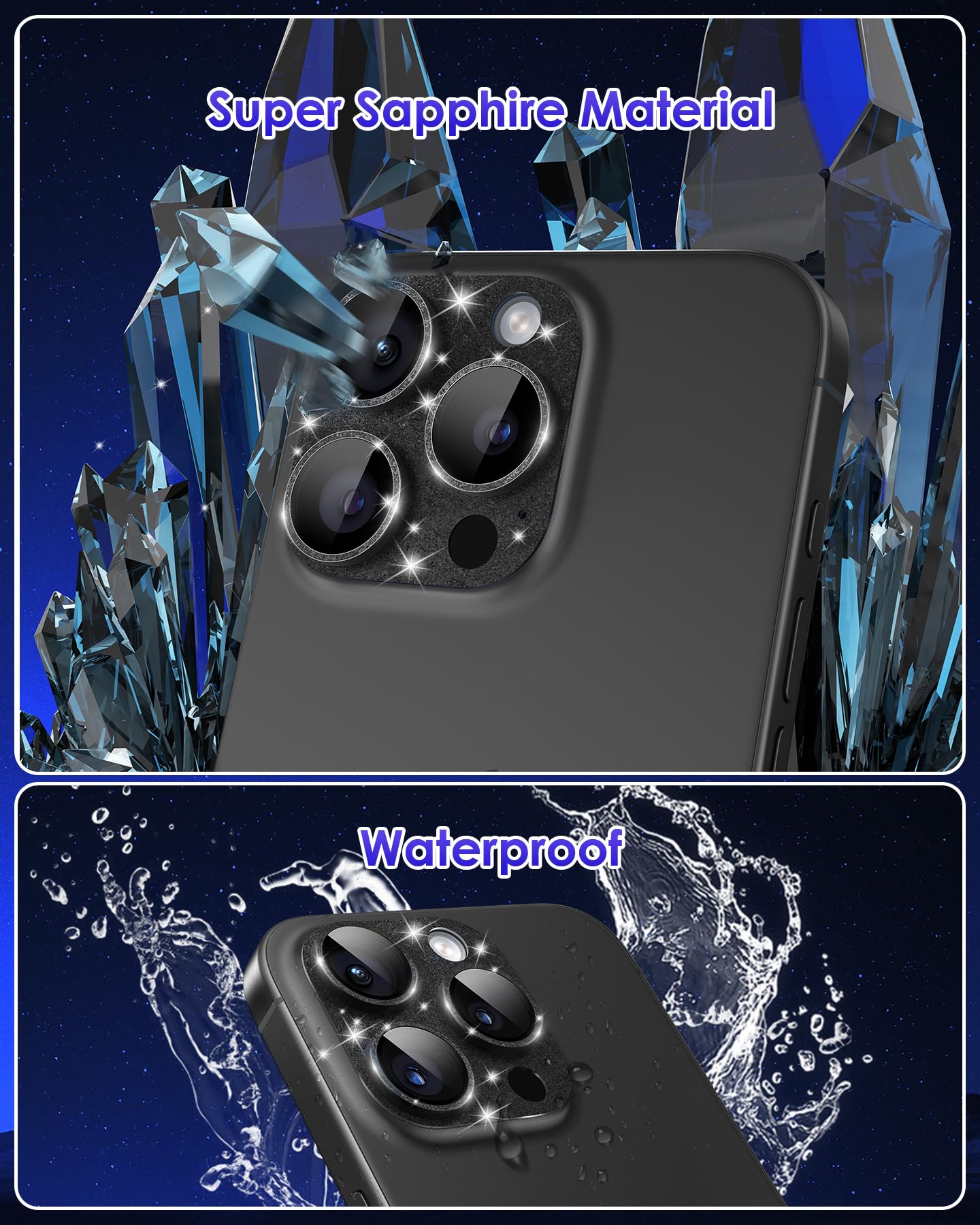 Kanosan For Iphone 16 Pro Max/Iphone 16 Pro/Iphone 14 Pro/Iphone 14 Pro Max Camera Lens Protector Glitter Plus 9H Tempered Glass