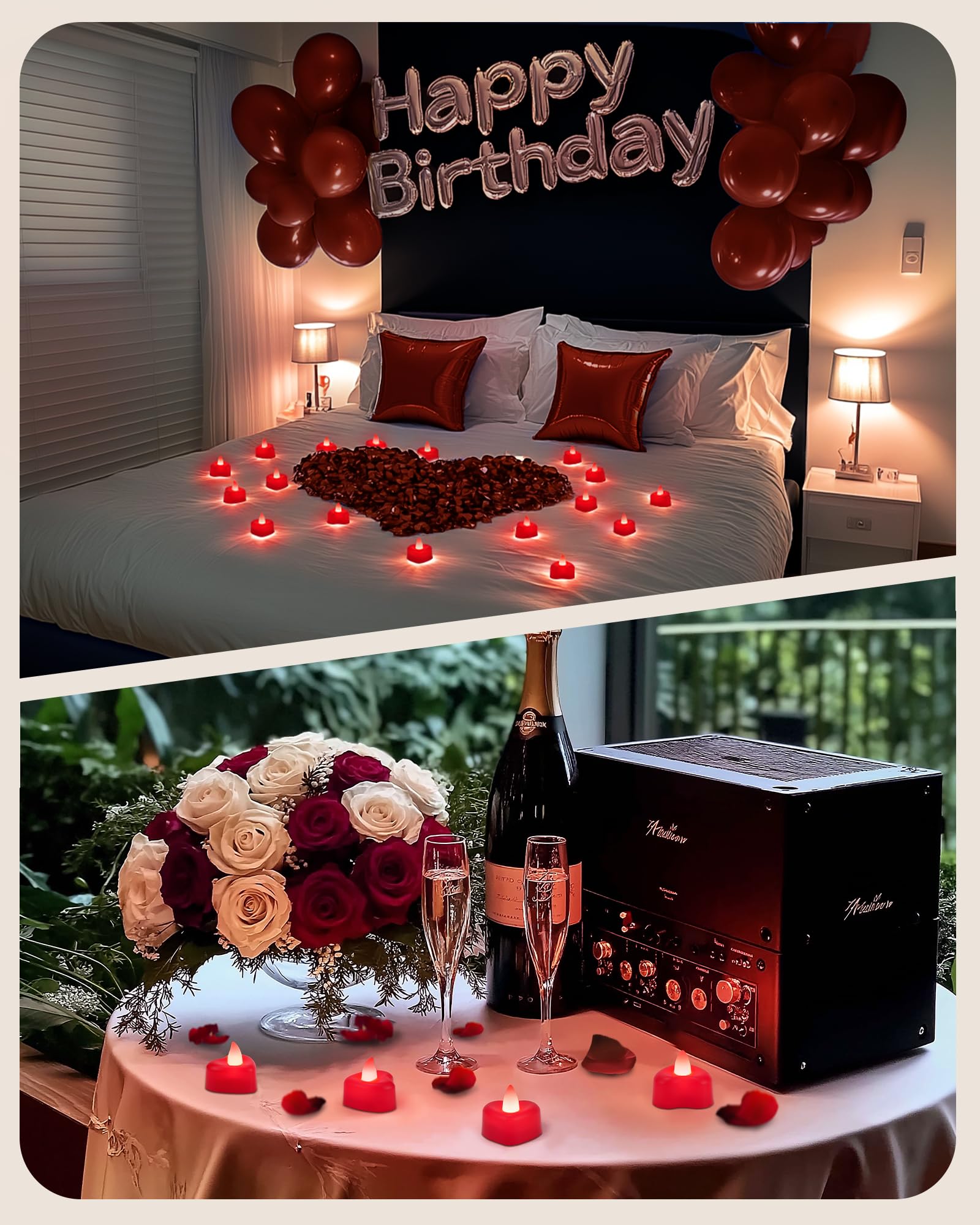 Amagic 4000 Pieces Red Artificial Rose Petals With 50 Red Heart Led Tea Lights, Rose Petals And Candles Set For Proposal, Annive