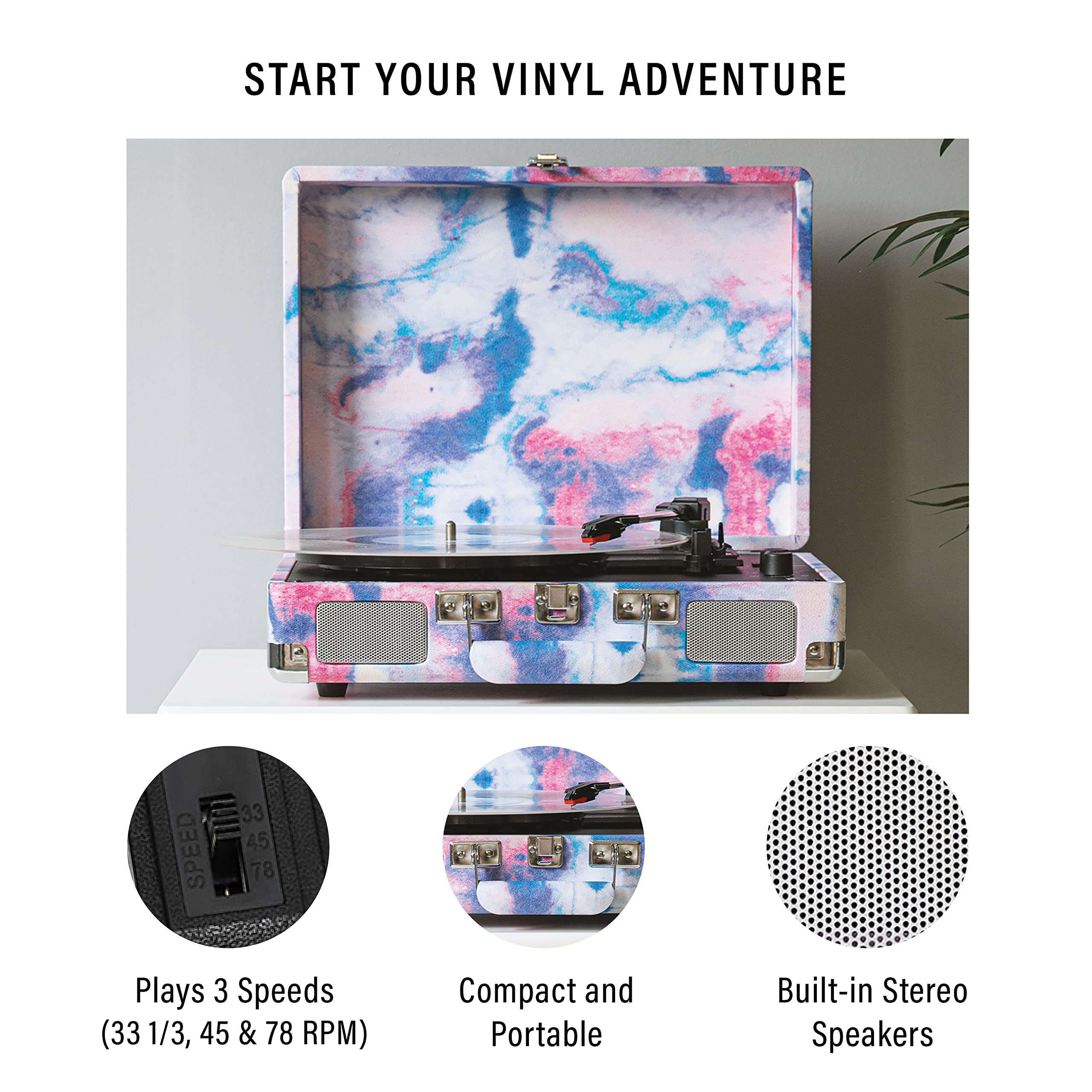 Crosley Cr8005F Td Cruiser Plus Vintage 3 Speed Bluetooth In/Out Suitcase Vinyl Record Player Turntable, Tye Dye