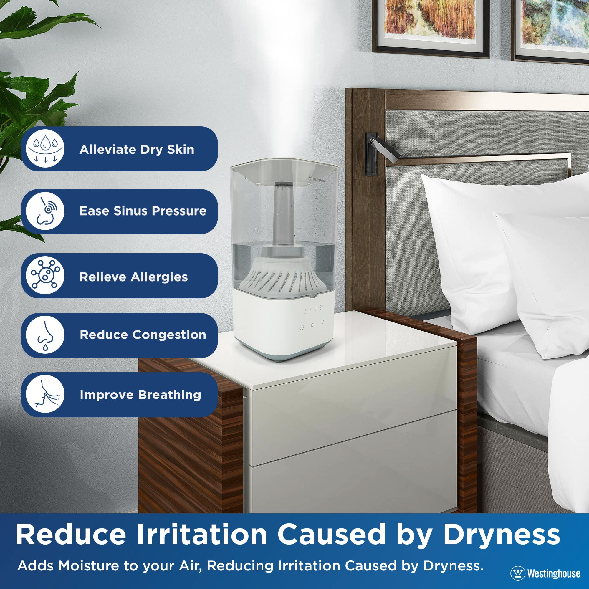 Westinghouse Ultrasonic Cool Mist Humidifier, 4.5L Top Fill Quiet Air Humidifier With Led Night Light And Touch Button Control,