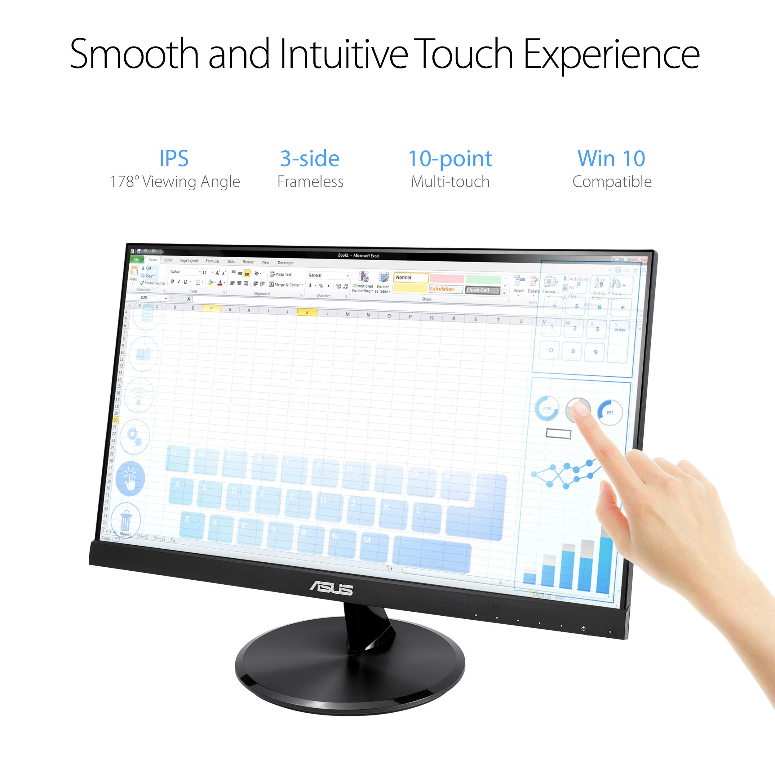 Asus Vt229H 21.5'' Monitor 1080P Ips 10 Point Touch Eye Care With Hdmi Vga, Black