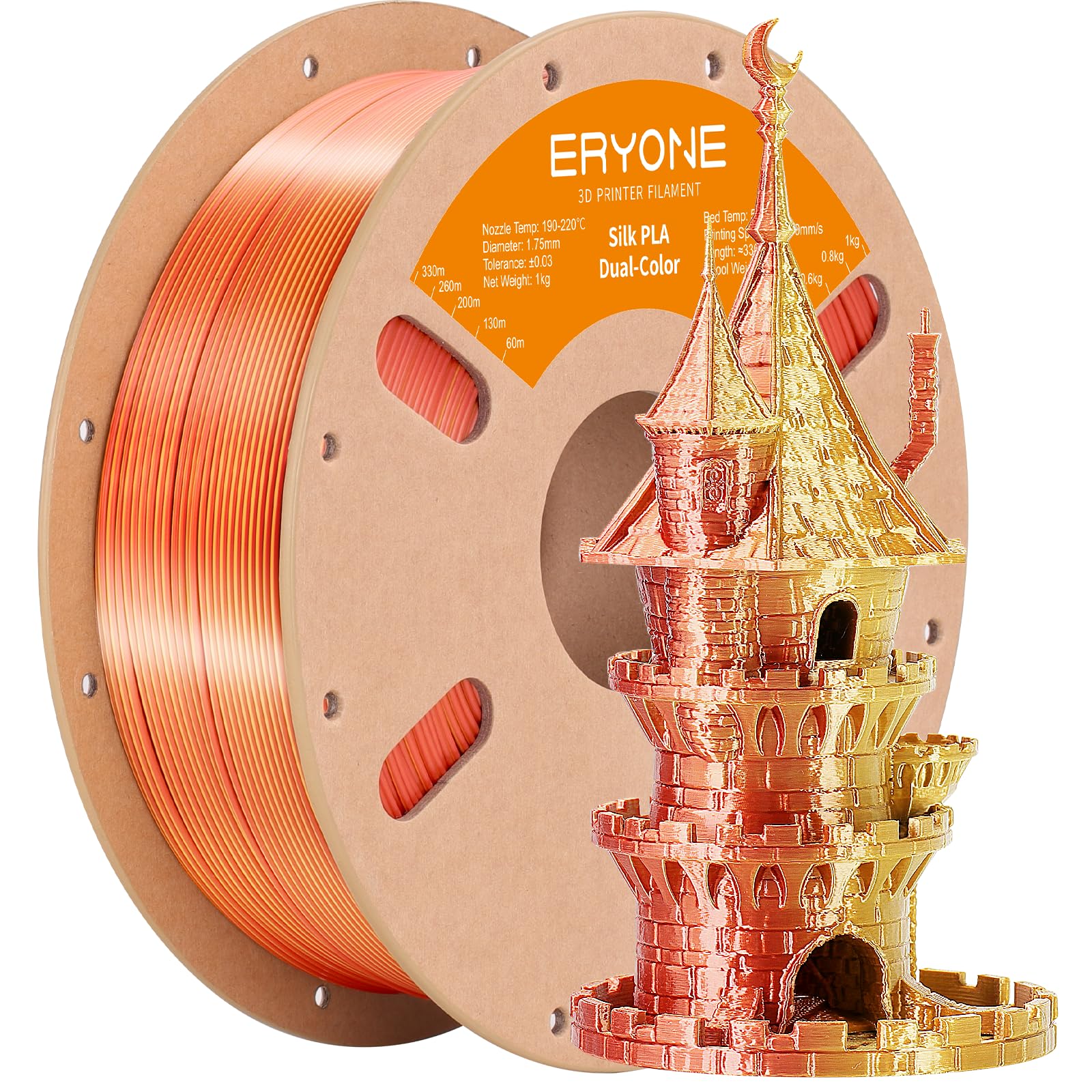 Eryone Silk Dual Color Filament Pla 3D Printer 1.75Mm +/  0.03Mm, Coextrusion Filament Pla Shiny Filament 1Kg(2.2Lbs), Gold Copp